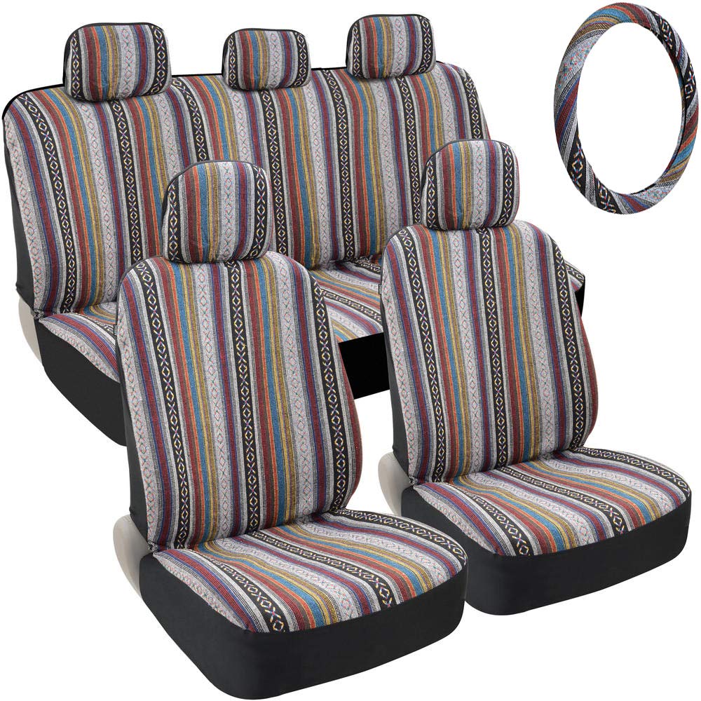 BDK Baja Blanket Car Seat Covers, Full Set with Steering Wheel Cover - Woven Saddle Blanket Style Front and Back Bench Seat Cove