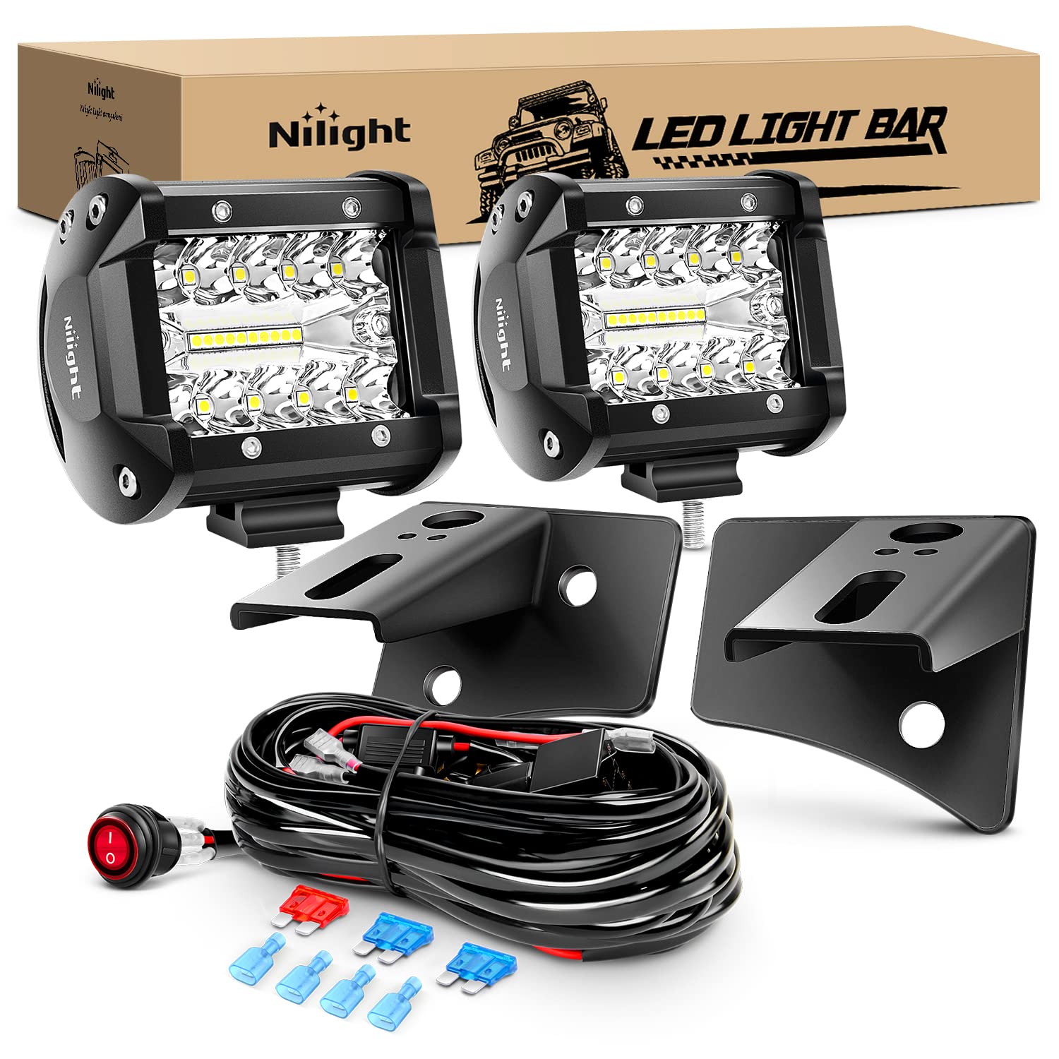 Nilight 2Pc 4Inch Triple Row Lights 60W Flood Spot Combo 6000Lm Bar Driving Boat Led Off Road Trucks With Jk A-Pillar Windshield