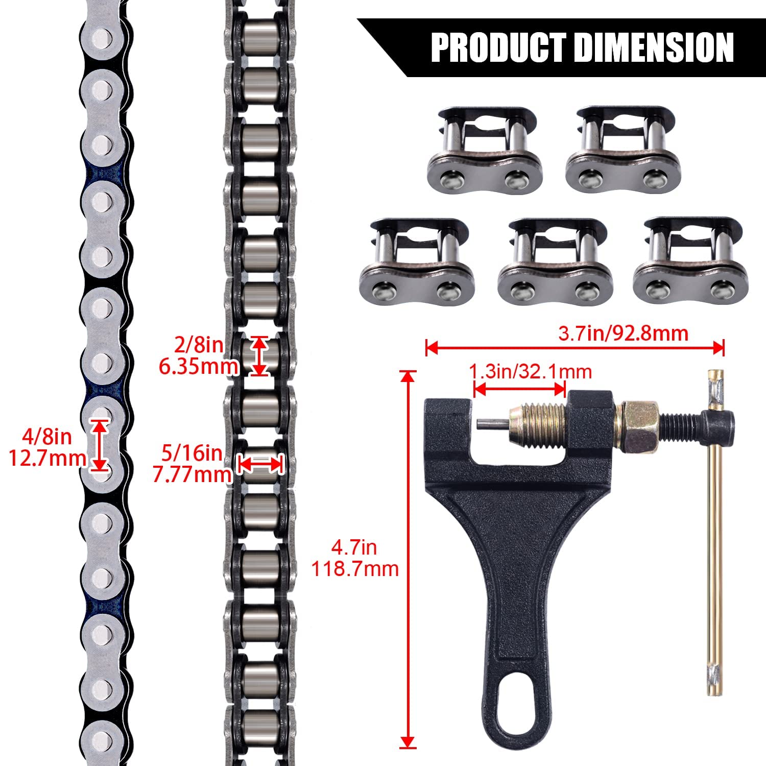 Dyctaho 420 Motorcycle Chain 132 Link Standard Roller Chain With Free Chain Breaker 5 Connecting Master Link For 100Cc 110Cc 125Cc Dirt Pit Bike Atv Quad Go Kart Mini Bike Scooter