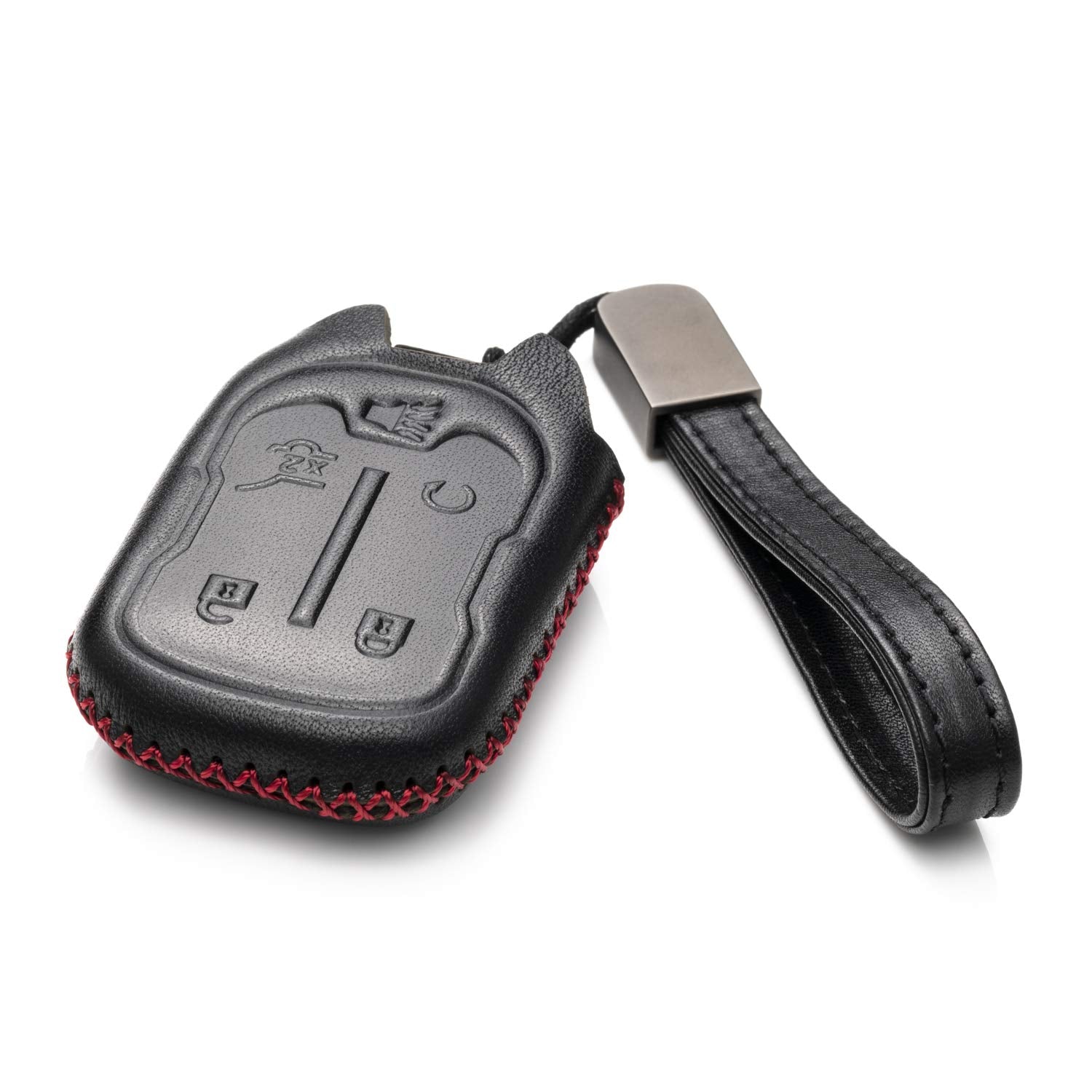 Vitodeco Genuine Leather Smart Key Fob Case, 5-Button, Black/Red, Compatible with GMC Acadia & Terrain 2017-2025, Model KC-ACADIA-L