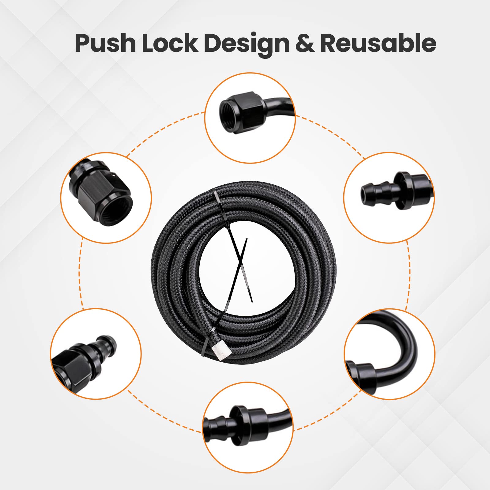 Maxpeedingrods 6An 20Ft Fuel Line Kit, 3/8' Gas Oil Line Hose, An6 Transmission Cooler Lines, Cpe Nylon Stainless Steel Braided+ -6An Push Lock Fitting Hose End 10Pcs