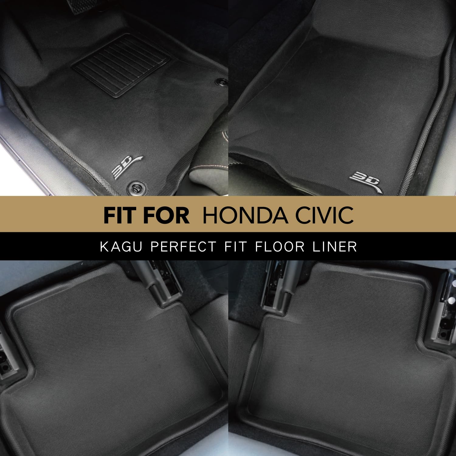 3D Maxpider Custom Fit Kagu Floor Mat (Black) Compatible With Honda Civic 2016-2021 - Full Set