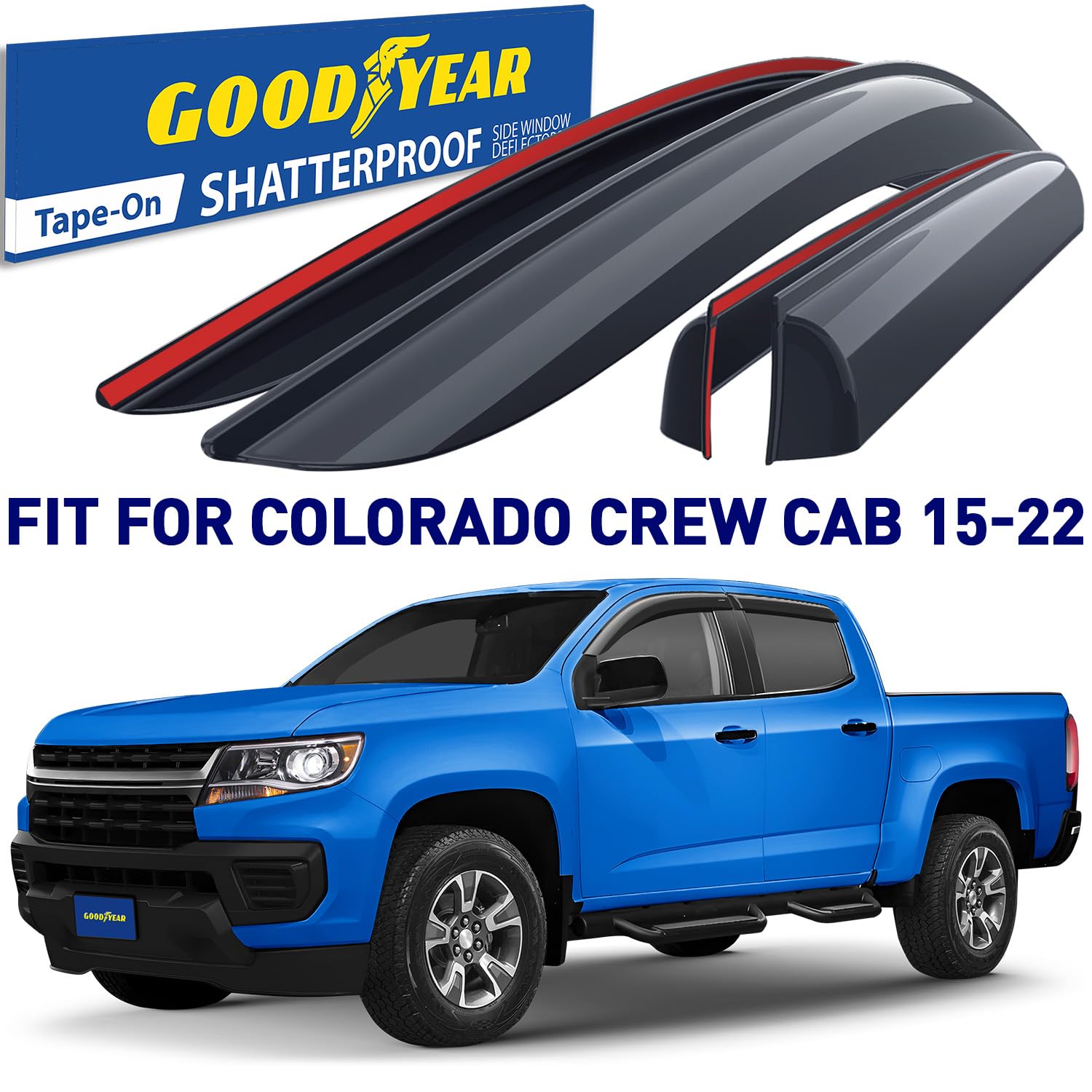 Goodyear Shatterproof Window Deflectors for Chevrolet (Chevy) Colorado/GMC Canyon 2015-2022 CrewCab, Tape-on Rain Guards, Window