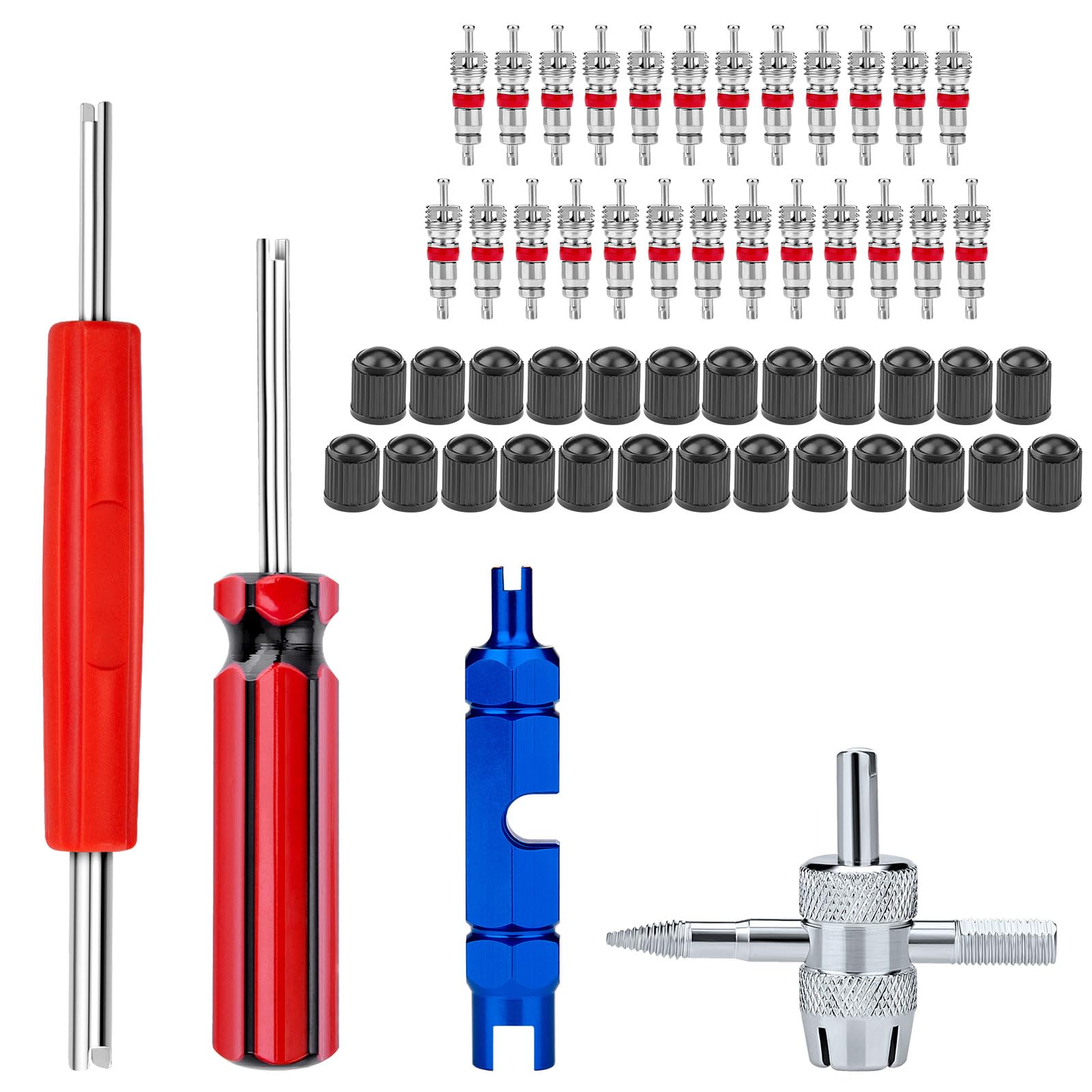 SOKOSEY 56Pcs Valve Stem Removal Tool, Valve Cores, 4-Way Valve Tool, Valve Core Remover Tool, Valve Stem Caps