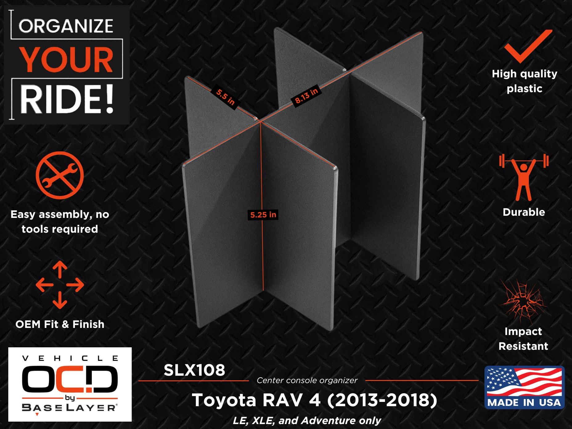 Vehicle Ocd - Center Console Organizer For Toyota Rav4 (Le, Xle, Adventure Only) (2013-2018) - Made In Usa - Slx108