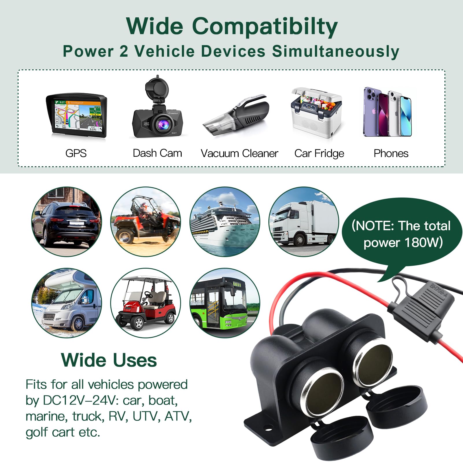 Car Cigarette Lighter Socket With Blade Fuse 2 Socket Cigarette Lighter Splitter 12V Lighter Power Outlet Replacement Waterproof