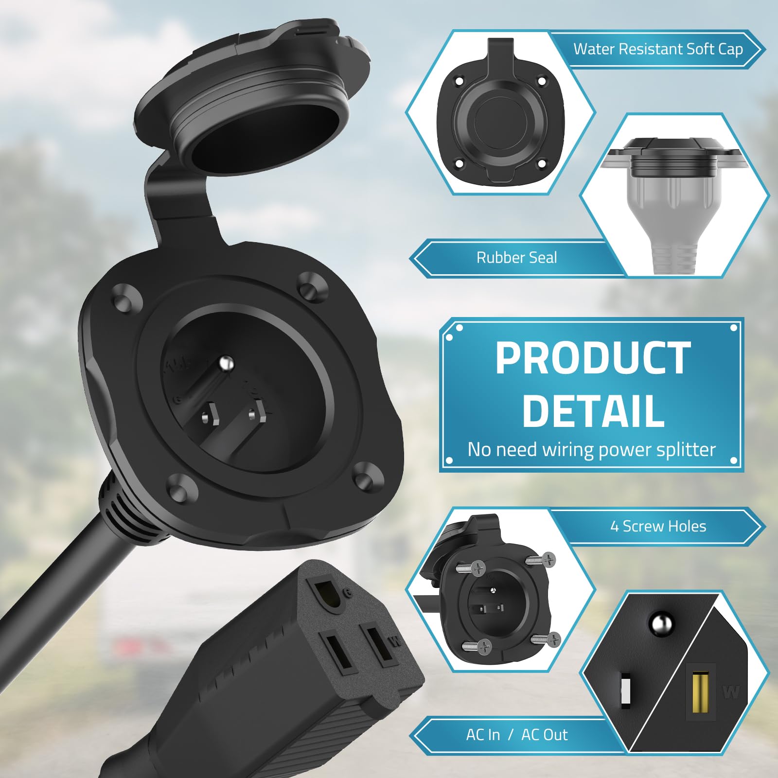 Paulinn Shore Power Inlet Plug 15 Amp, 125V Nema 5-15 Ac Power Inlet Port Plug W/Integrated 18'' Extension Cord And Waterproof B