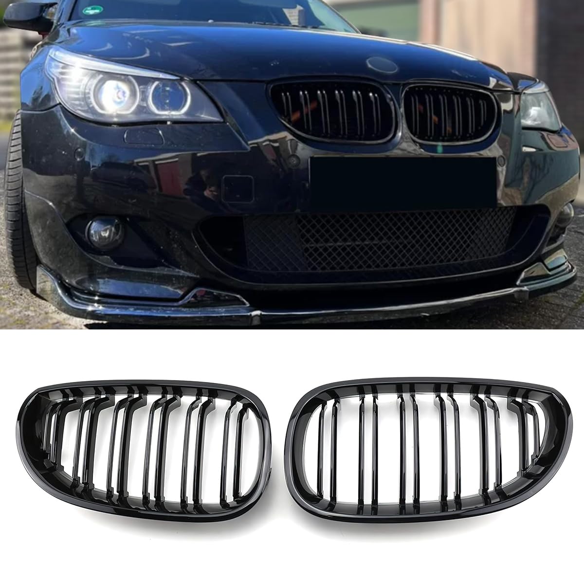 AceRide E60 Grille Front Bumper Kidney Grill Compatible with BMW 5-Series E60 E61 2003 2004 2005 2006 2007 2008 2009 Double Slat