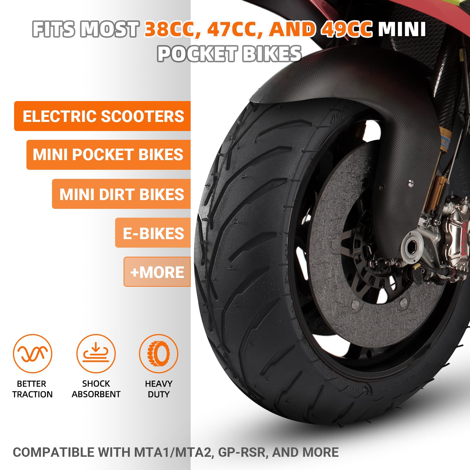 (1 Set) Universal Replacement Rear 110/50-6.5 Tire And Tube Set - Fits Most 38Cc, 47Cc, And 49Cc Mini Pocket Bikes - Compatible