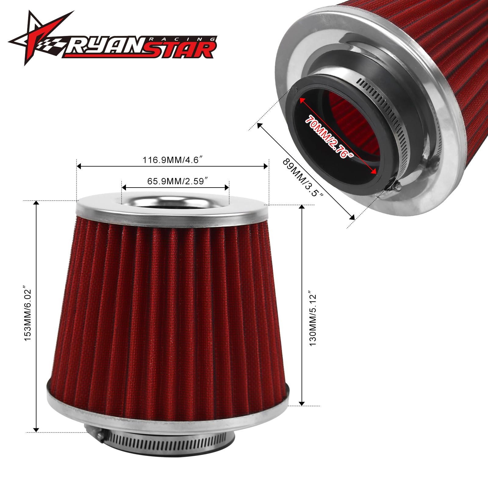 RYANSTAR RACING 70mm 2.75'' High Flow Round Tapered Cone Cool Air Filter Cleaner with Top Filter Design Short 154mm Tall