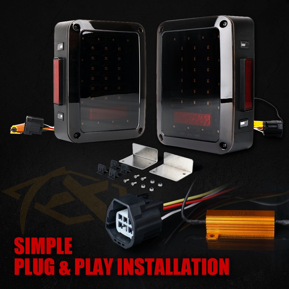 Xprite Smoked Lens Red Led Tail Lights W/Turn Signal & Back Up & Smoke 3Rd Led Brake Light Assembly Compatible With Jeep Wrangle