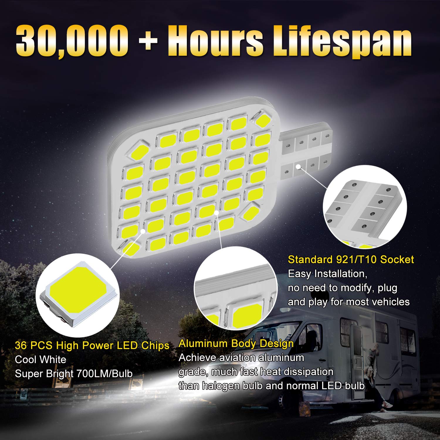 Brishine 20Pcs 921 Interior Led Light Bulbs For Rv, Super Bright 36-Smd Cool White T10 922 912 194 Led Bulbs Replacement For Camper Trailer Motorhome Marine Boat Indoor Ceiling Dome Lights(12V Dc)