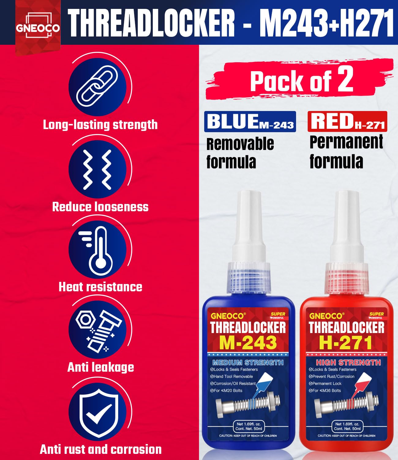 Threadlocker Blue And Red, Thread Lock Medium High Strength Lock Tight For Nuts, Bolts, Fasteners And Metals, Anaerobic Curing M