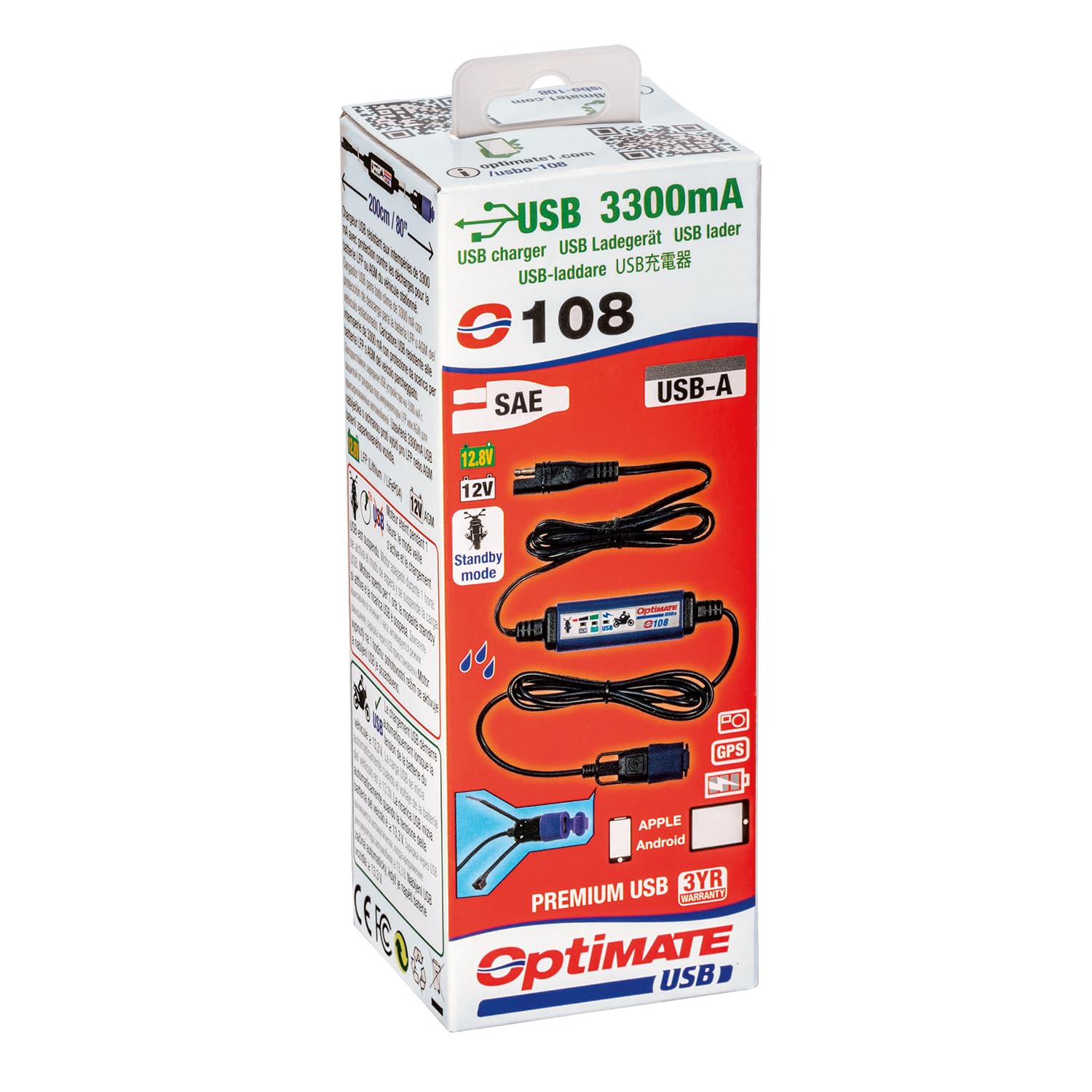 Optimate Usb O-108, 3300Ma Usb Charger With Battery Auto Protect Off, Weatherproof, Sae, In & Out Cables