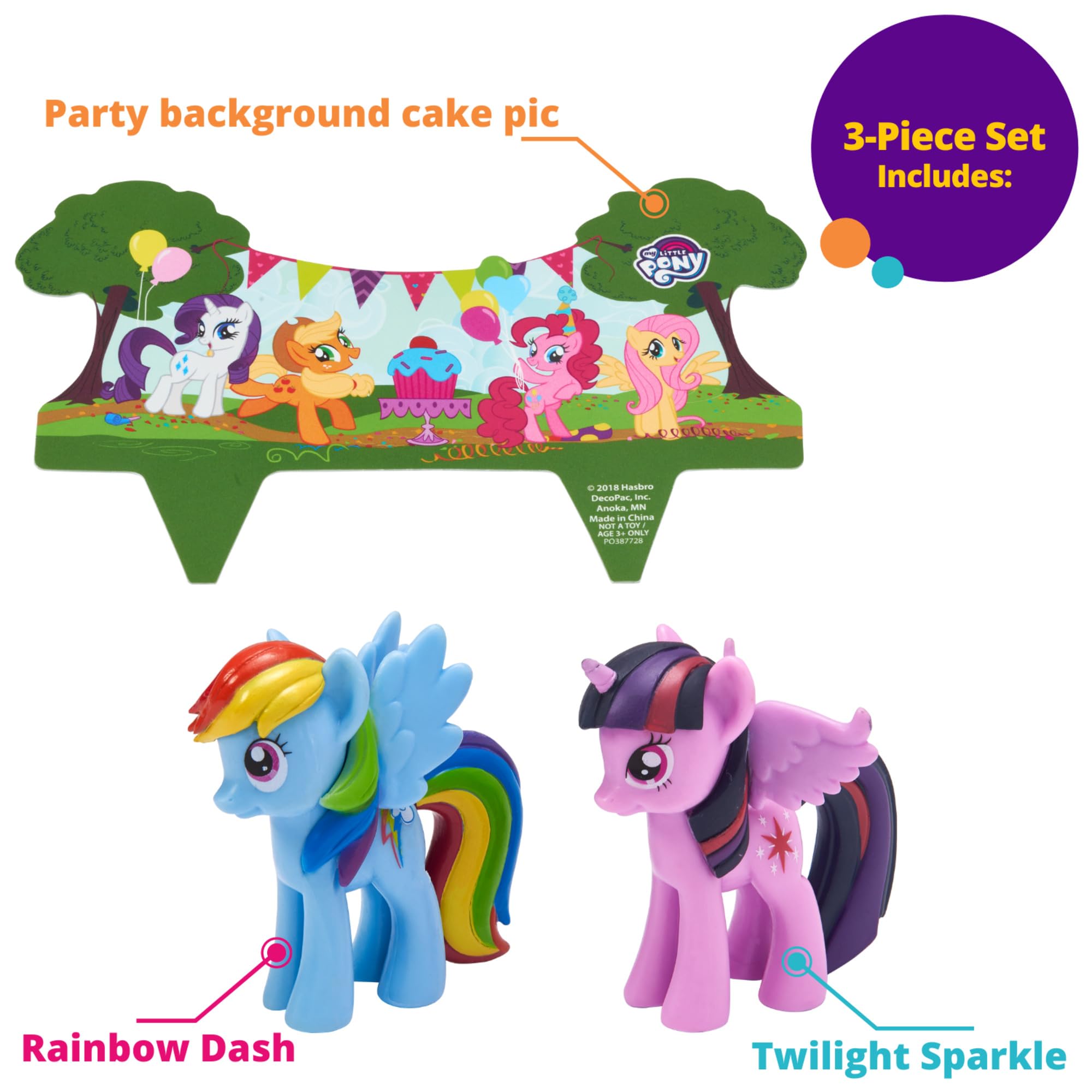 Decopac My Little Pony Cake Topper, 3-Piece Cake Decorations With Rainbow Dash And Twilight Sparkle Ponies For Fun After The Bir