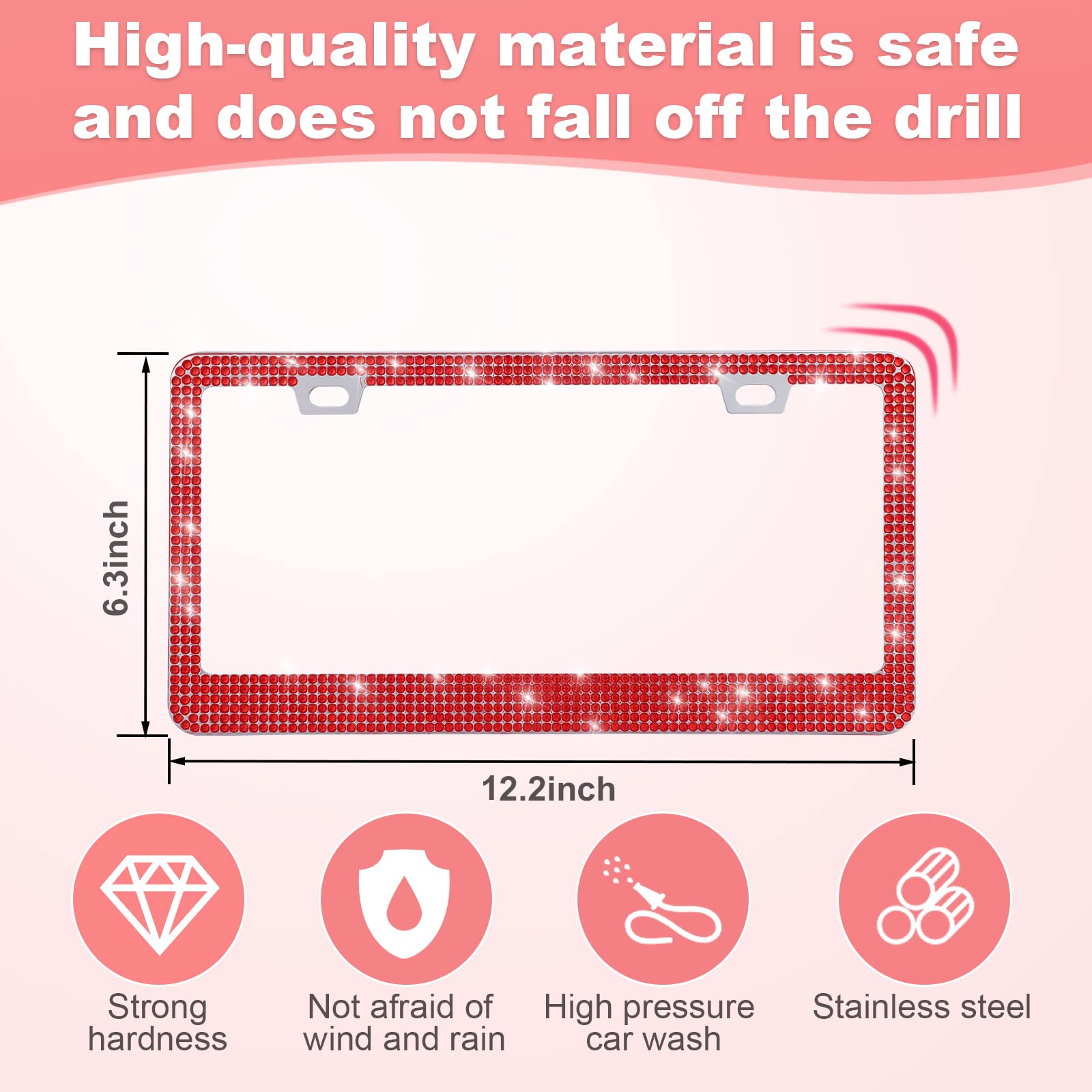 Quanqiufei 2 Pack Bling License Plate Frames For Women, Sparkly Rhinestone Diamond Car Accessories With Glitter Crystal Caps (Re