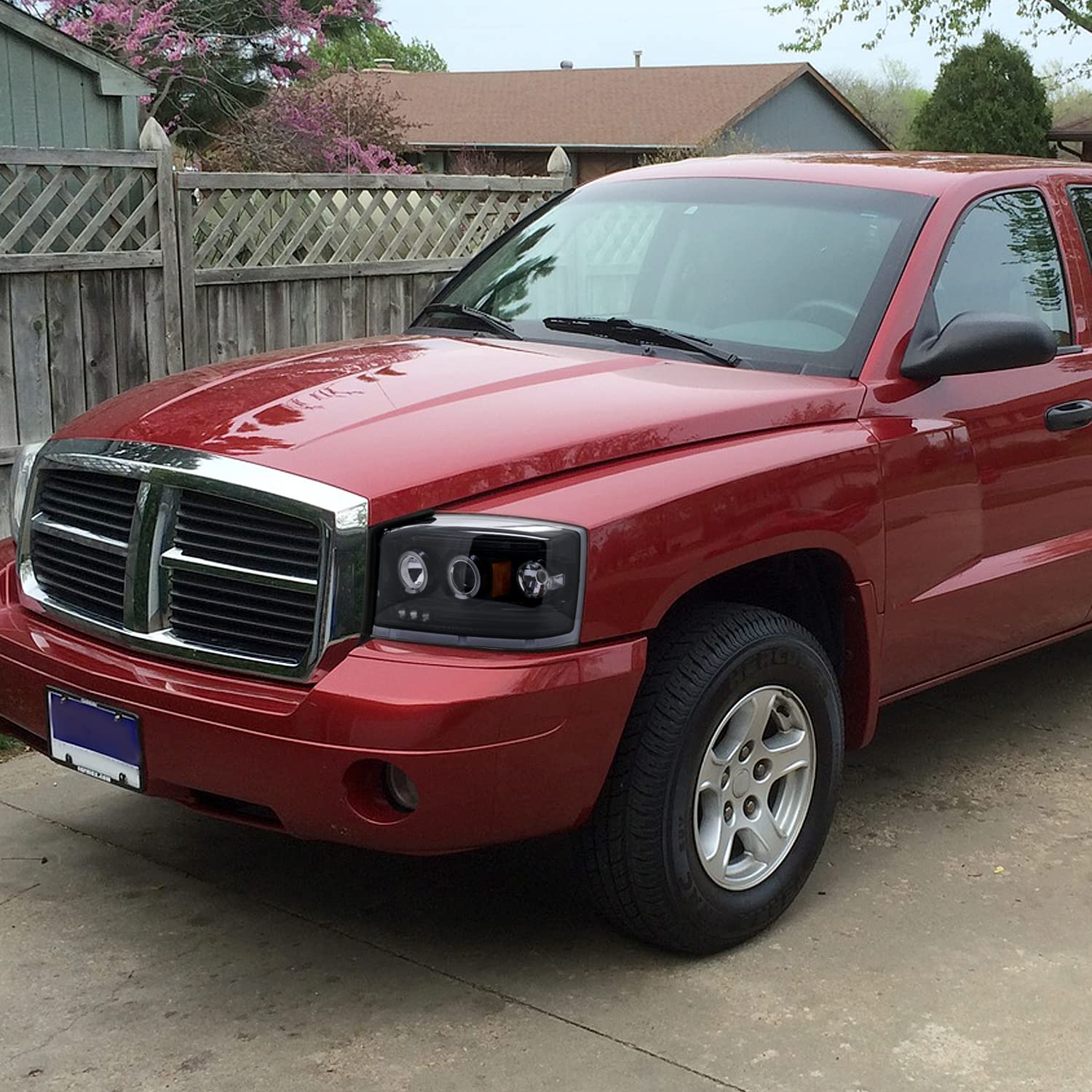 Spec-D Tuning Glossy Black Smoke Led Dual Halo Projector Headlights Compatible With 2005-2007 Dodge Dakota, Left + Right Pair Headlamps Assembly