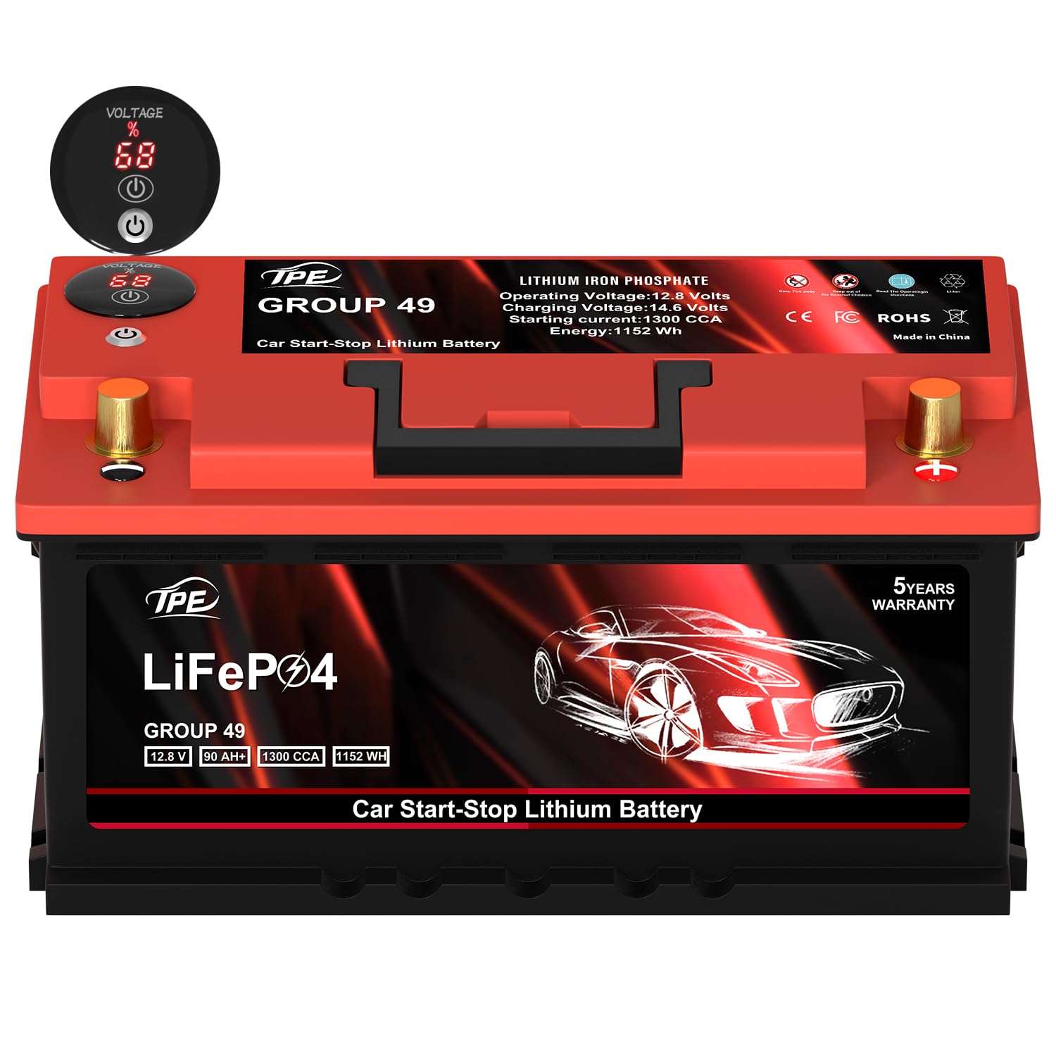 TPE Car Start-Stop Lithium Battery GROUP 49 12V 90AH Car Battery with 1300CCA - High-Performance Automotive Battery with 60 Mont