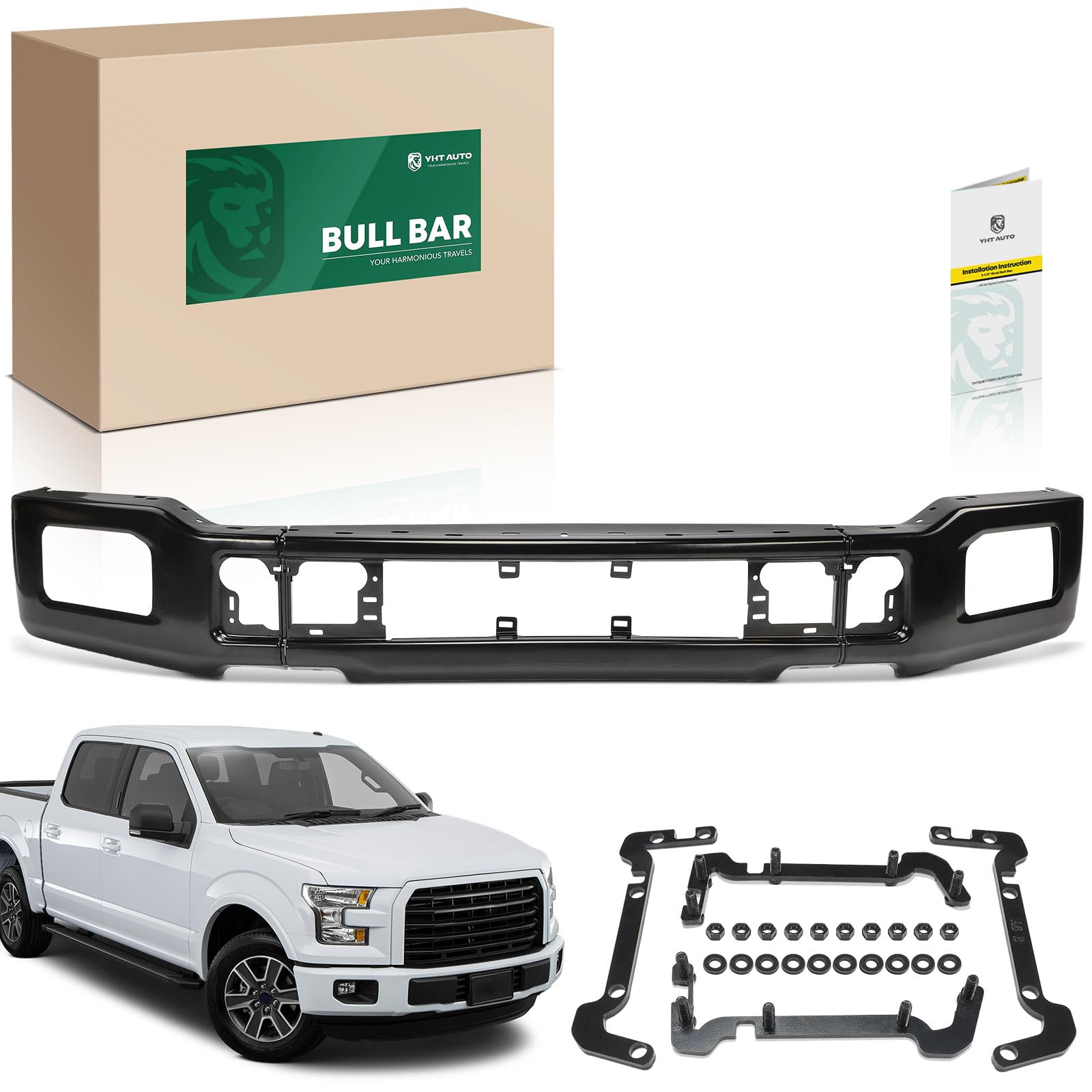 YHTAUTO Front Bumper Face Bar Compatible with Ford F-150 2018 2019 2020, with Fog Light Holes, Steel Black Bumper Replacement, R