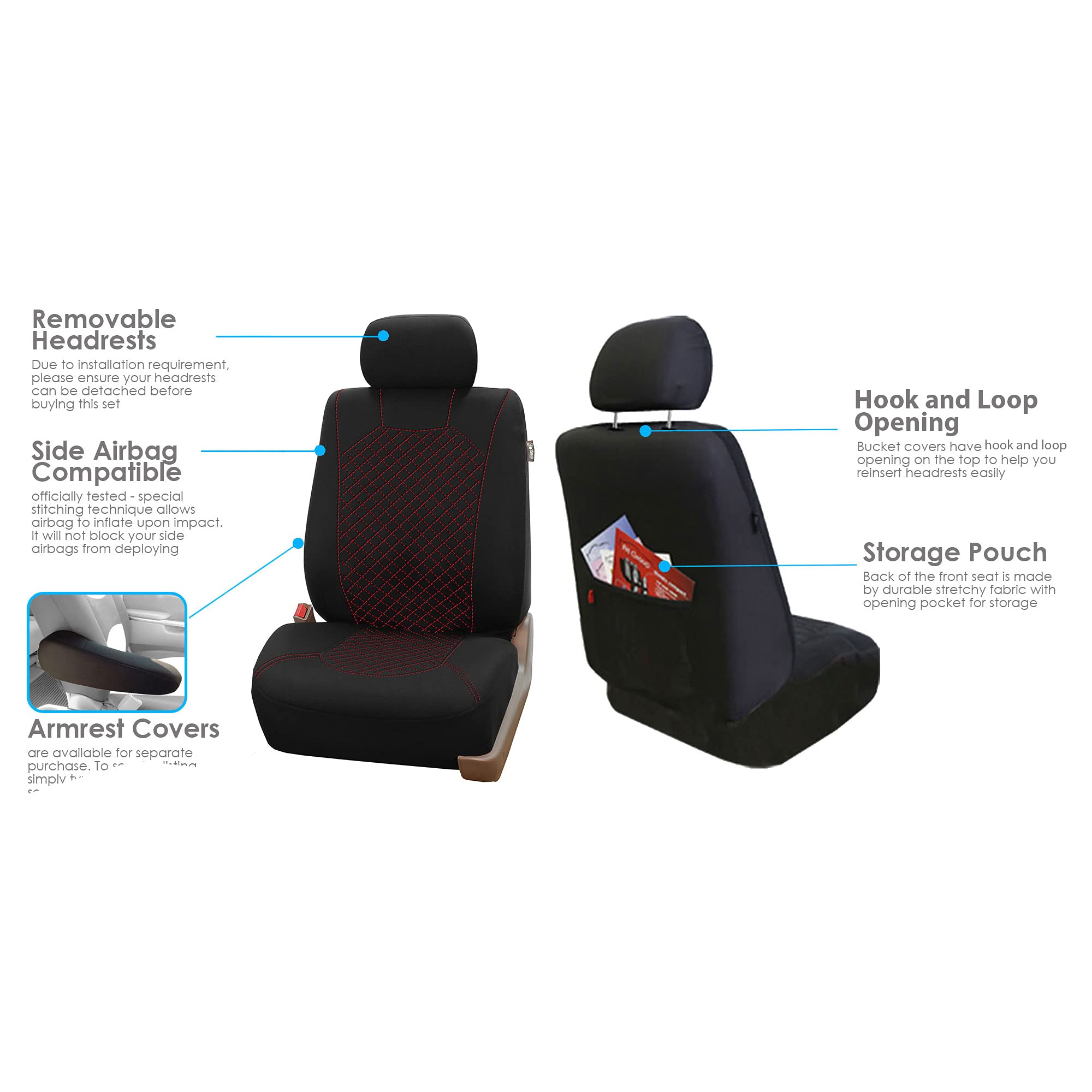 FH Group Car Seat Covers Front Seats Only Quilted Flat Cloth Red Black Combo Non-Slip Dash Grip Pad, Airbag Compatible Universal Fit Interior Accessories Cars Trucks SUV Automotive Seat Covers