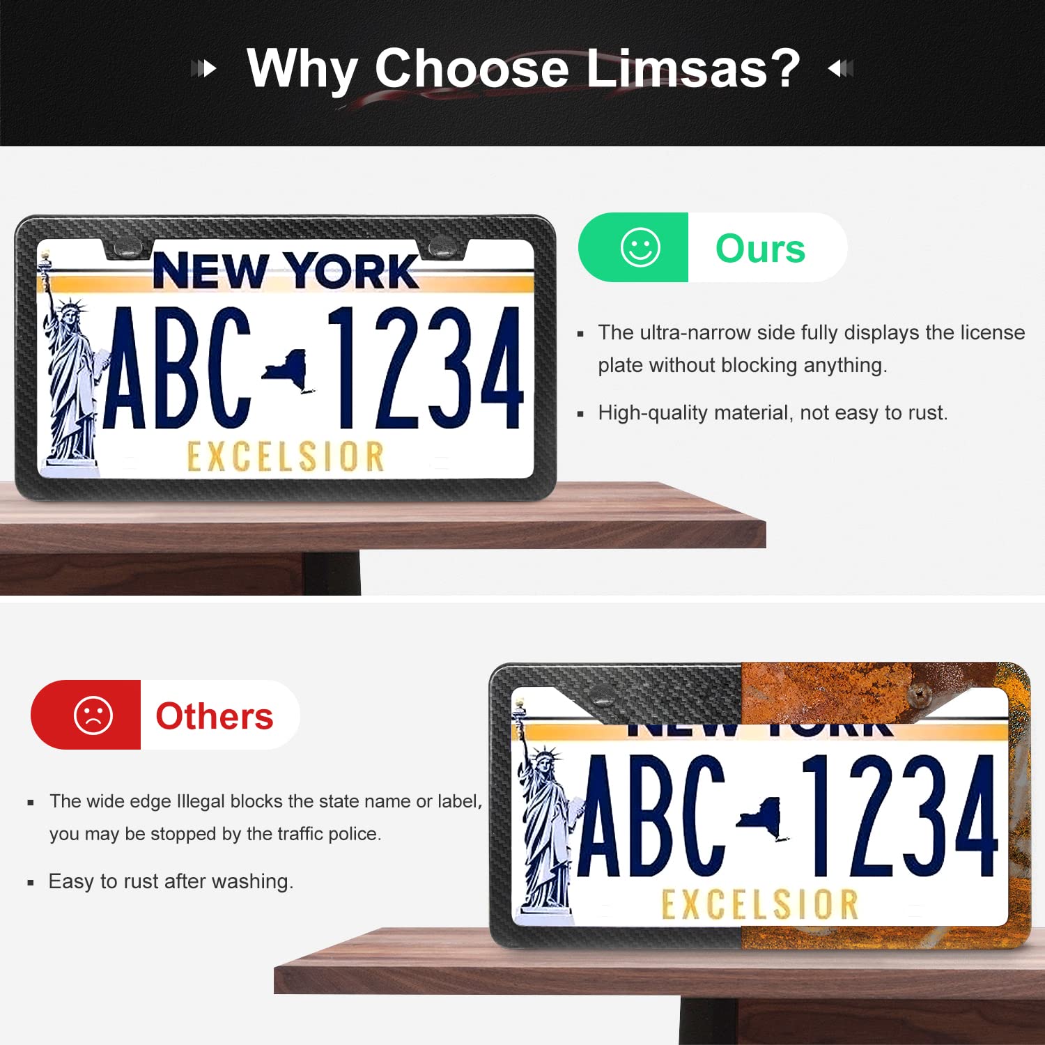 Limsas Carbon Fiber License Plate Frames Black, 2 Pack Car Plate Frame With Coasters Front And Rear Slim Thin Rust-Proof Univers