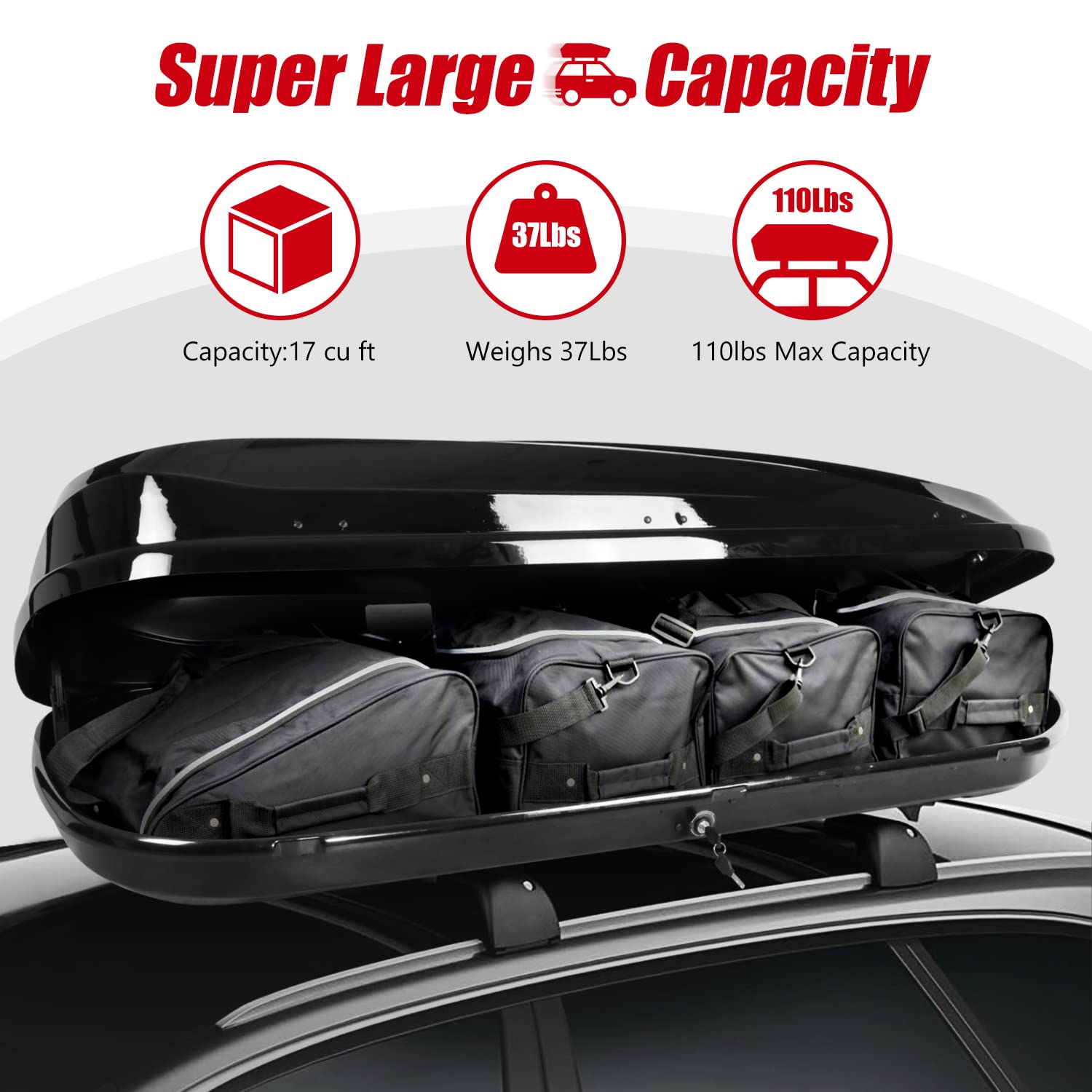 DNA MOTORING Extra Long XXL Rooftop Cargo Carrier Luggage Case Lockable Heavy Duty Roof Storage Box w/Lock+Keys, 110Lb Capacity,