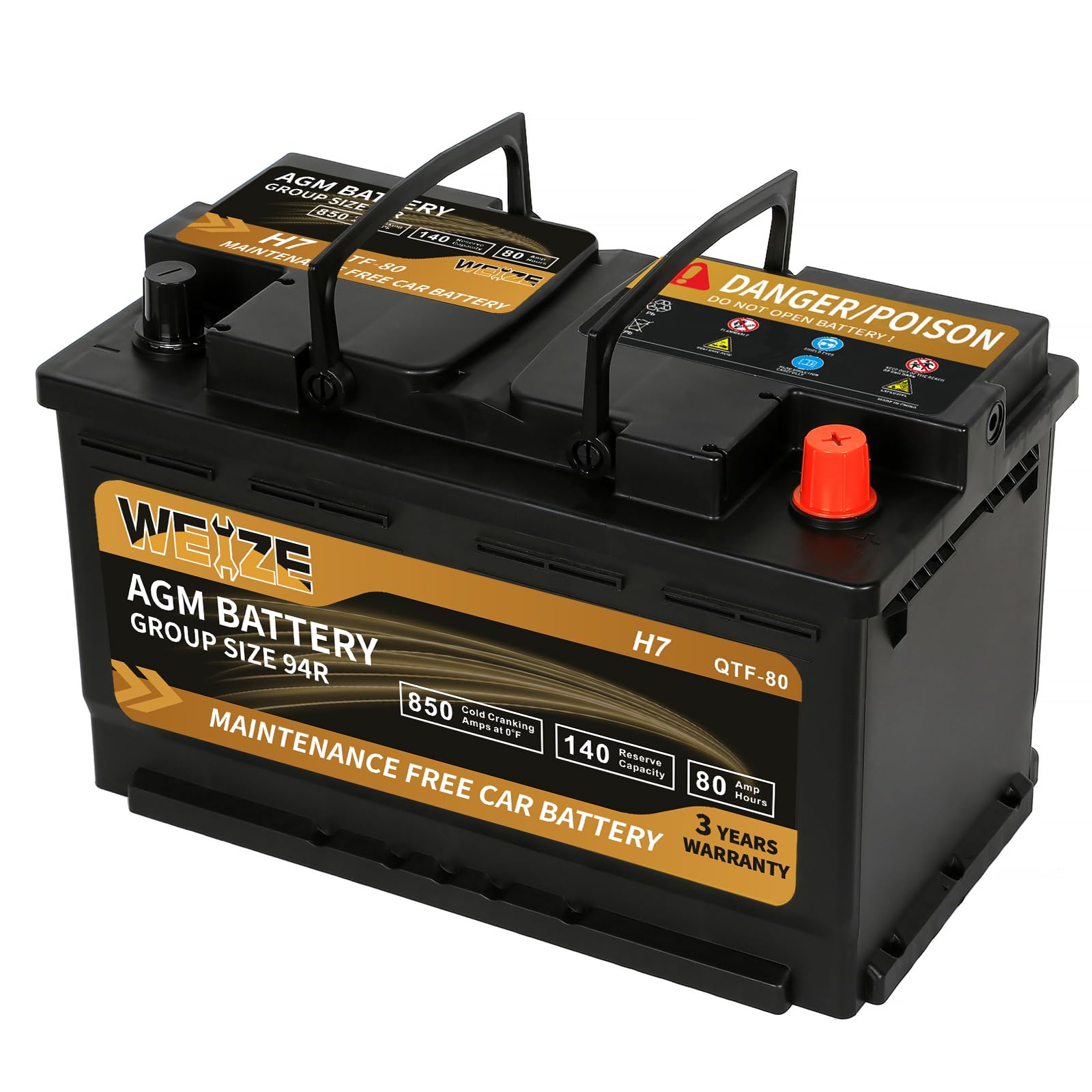 Weize Platinum Agm Battery Bci Group 94R - 12V 80Ah H7 Size 94R Automotive Battery, 140Rc, 850Cca, 36 Months Warranty, Dimension