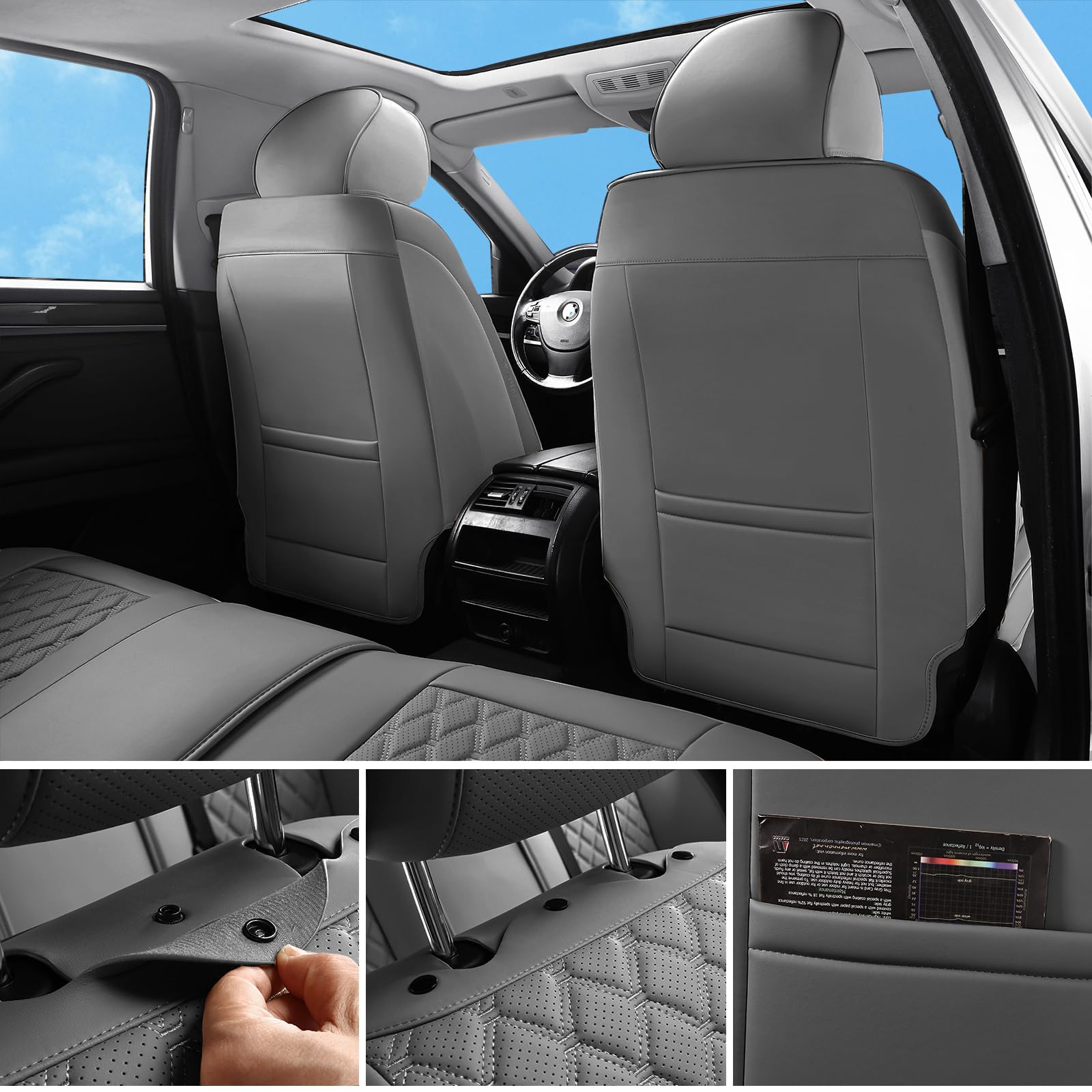 Sxikin Car Seat Covers Full Set Grey, Luxury Faux Leather Car Seat Covers Waterproof Non-Slip Seat Protector Universal Fit For M