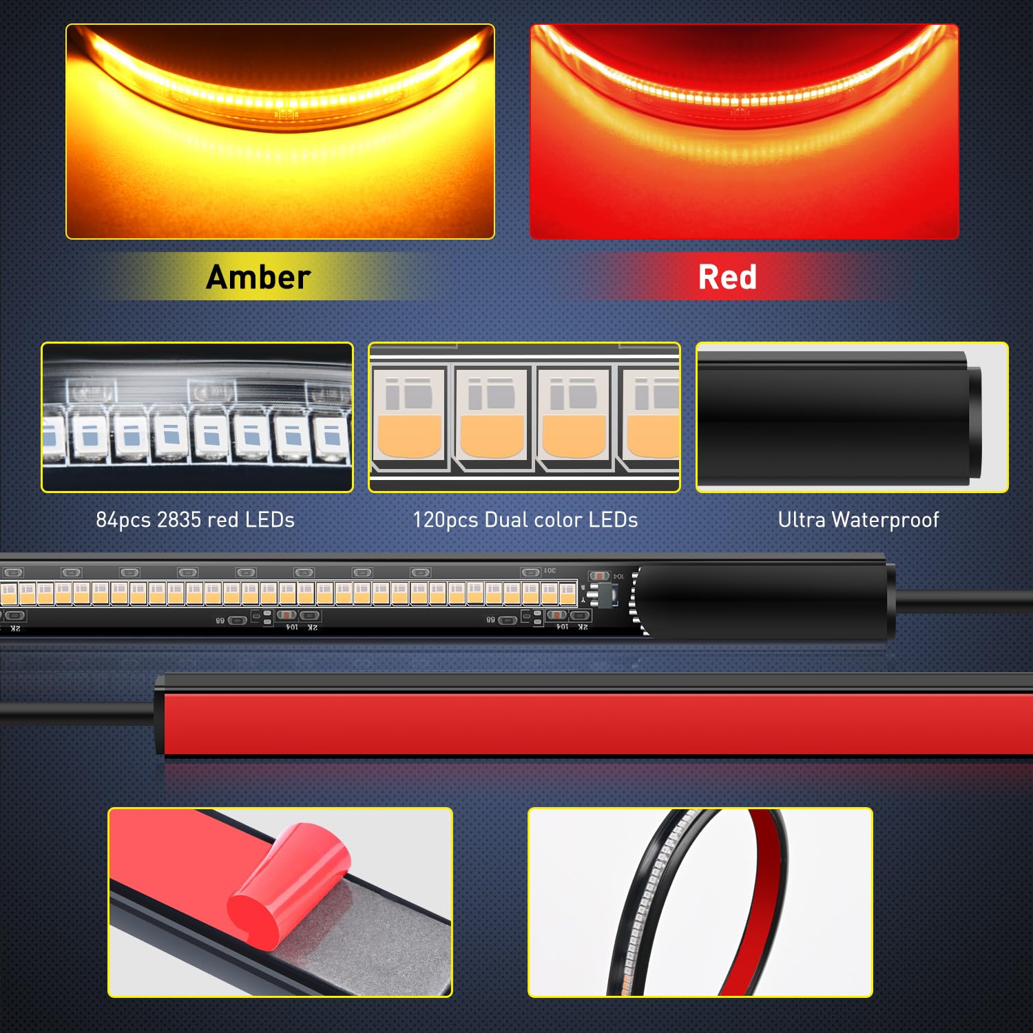 Nilight 30 Inch Utv Tailgate Light Strip 204 Led Red Running Brake Amber Turn Signals Lights Compatible With Polaris Rzr Kawasak