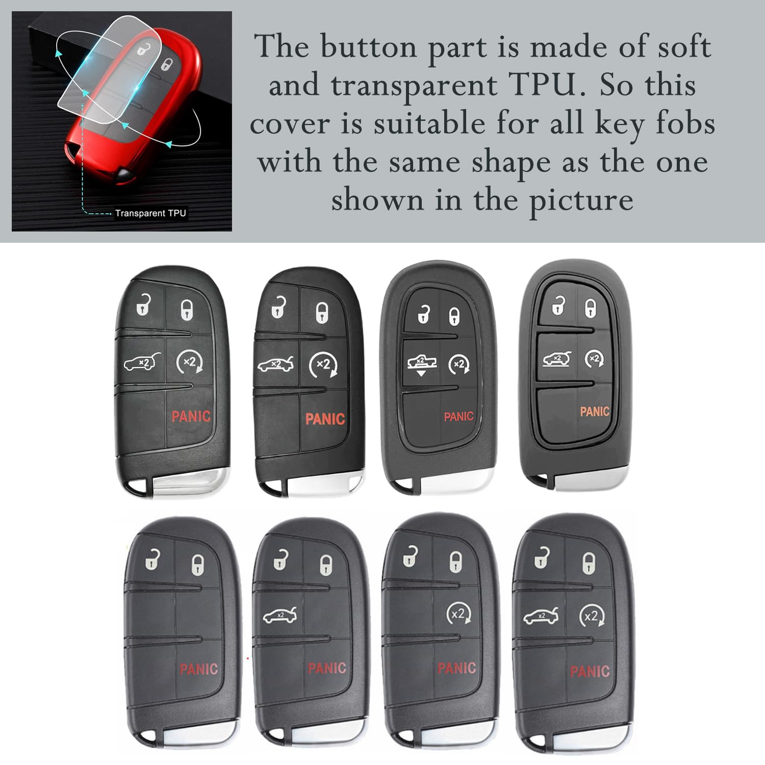 Tandrive Key Fob Cover Compatible With 2025 2024-2015 Jeep Compass Dodge Durango Cherokee Grand Cherokee Renegade Challenger Charger Ram Chrysler 300(3 4 5-Button, Black)