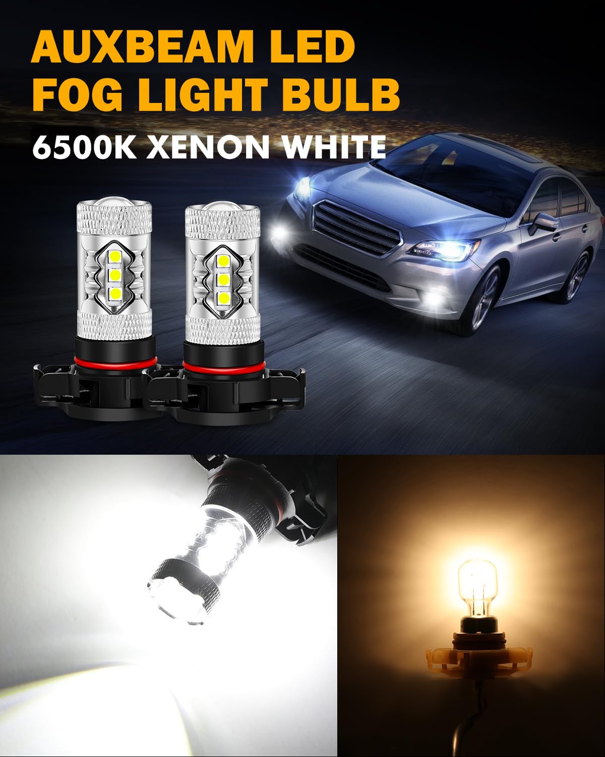 Auxbeam 5201/5202/9009 Led Fog Light Bulbs, 6500K Xenon White, 8000Lm Super Bright, 360-Degree Illumination, Canbus Ready, Fog C