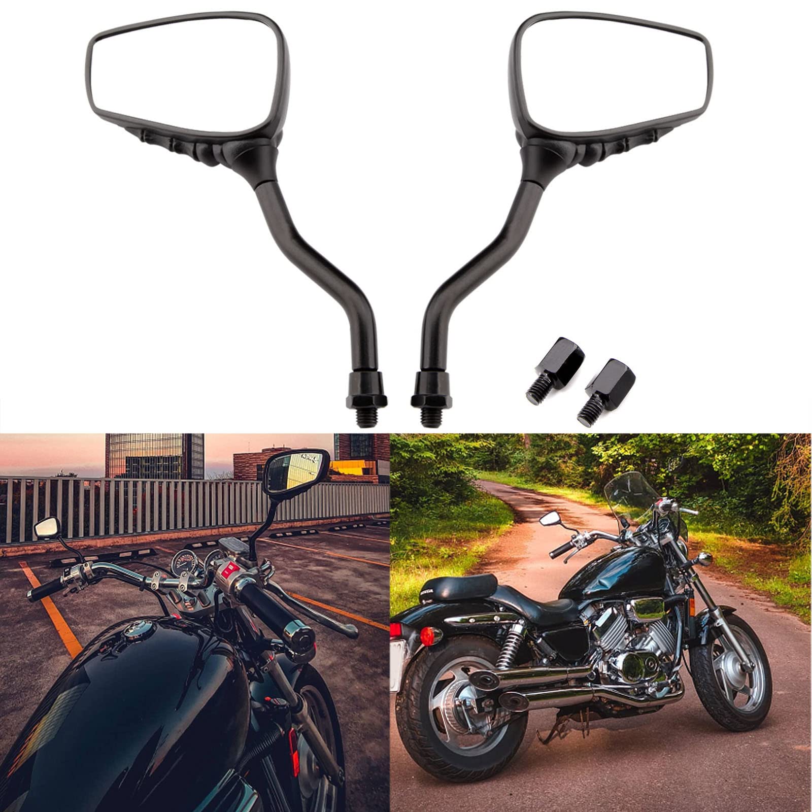 Black 8Mm/10Mm Motorcycle Skull Skeleton Rearview Side Mirrors For Scooter Chopper Bobber