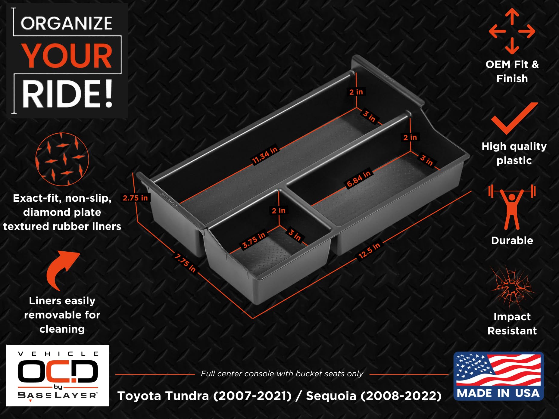 Vehicle Ocd - Center Console Organizer Tray For Toyota Tundra (2007-2021) / Toyota Sequoia (2008-2022) - Made In Usa - Slx125