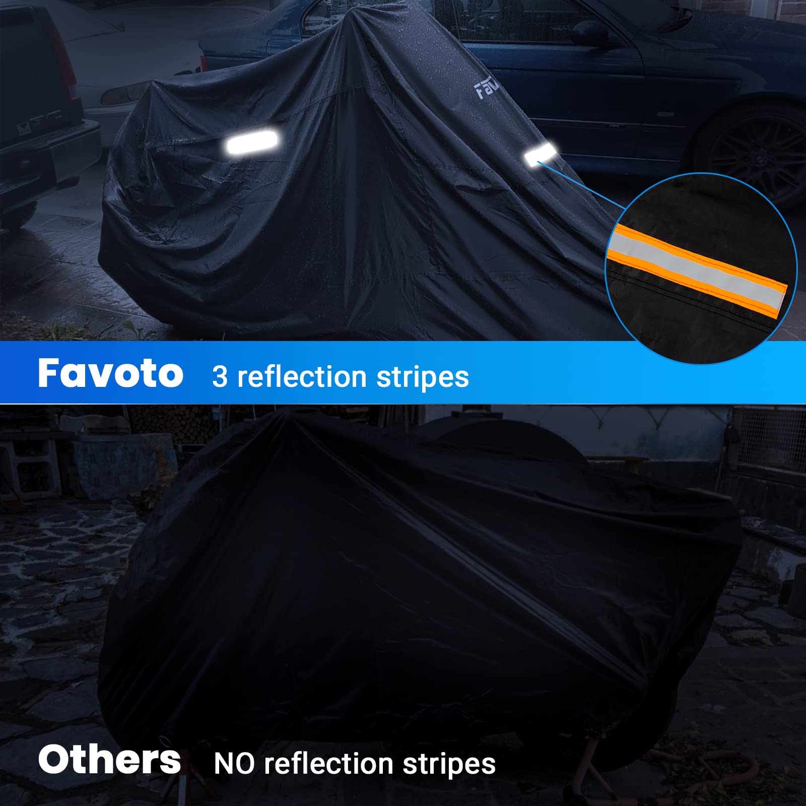 Favoto Motorcycle Cover All Season Universal Sturdy Material Waterproof Sun Outdoor Protection with Night Reflective Stripe Lock