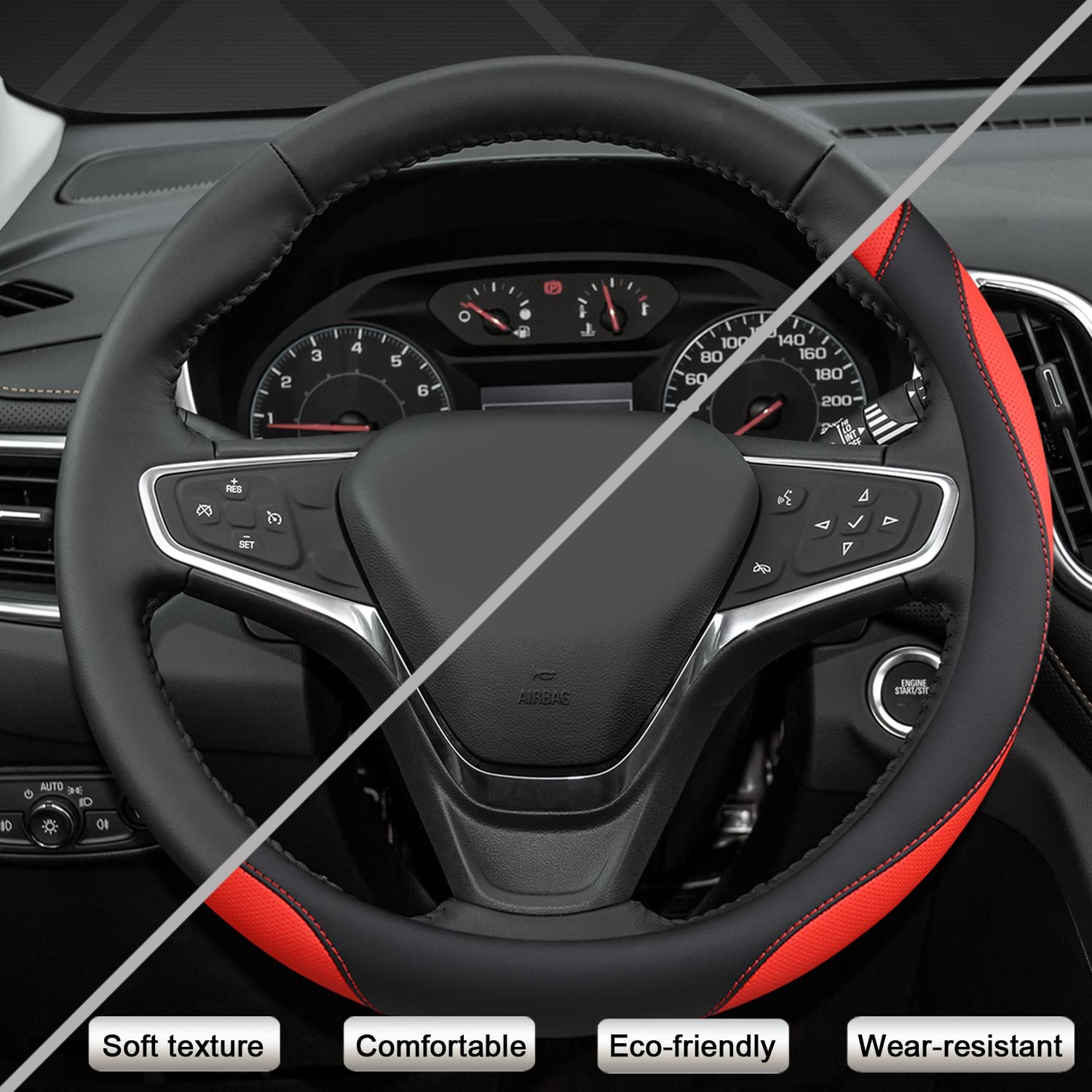 West Llama Customized Auto Car Steering Wheel Cover For Chevy 14.5-15 Inches, Steering Wheel Cover For Chevrolet (Black+Red - St