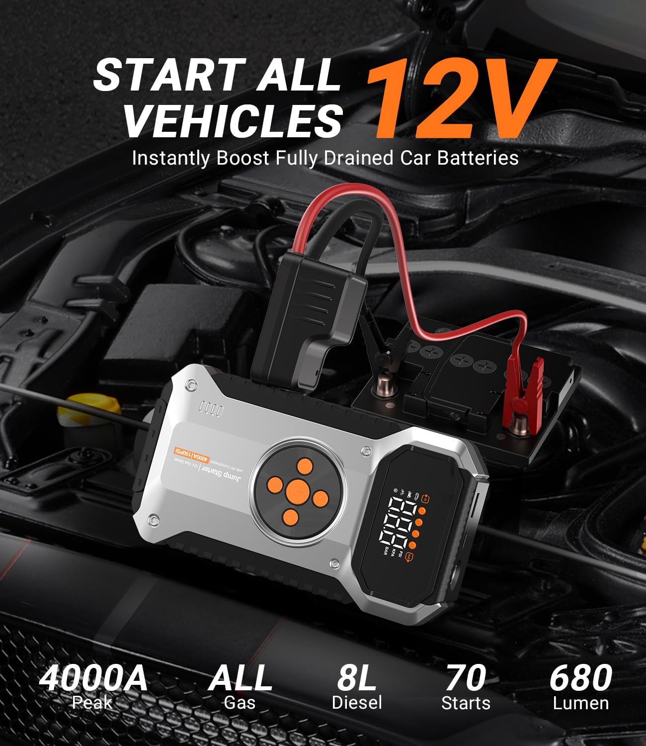 ZKpilse Car Jump Starter with Air Compressor, 4000A 12V Portable Jump Starter (All Gas/9L Diesel), Car Battery Jump Box with 150