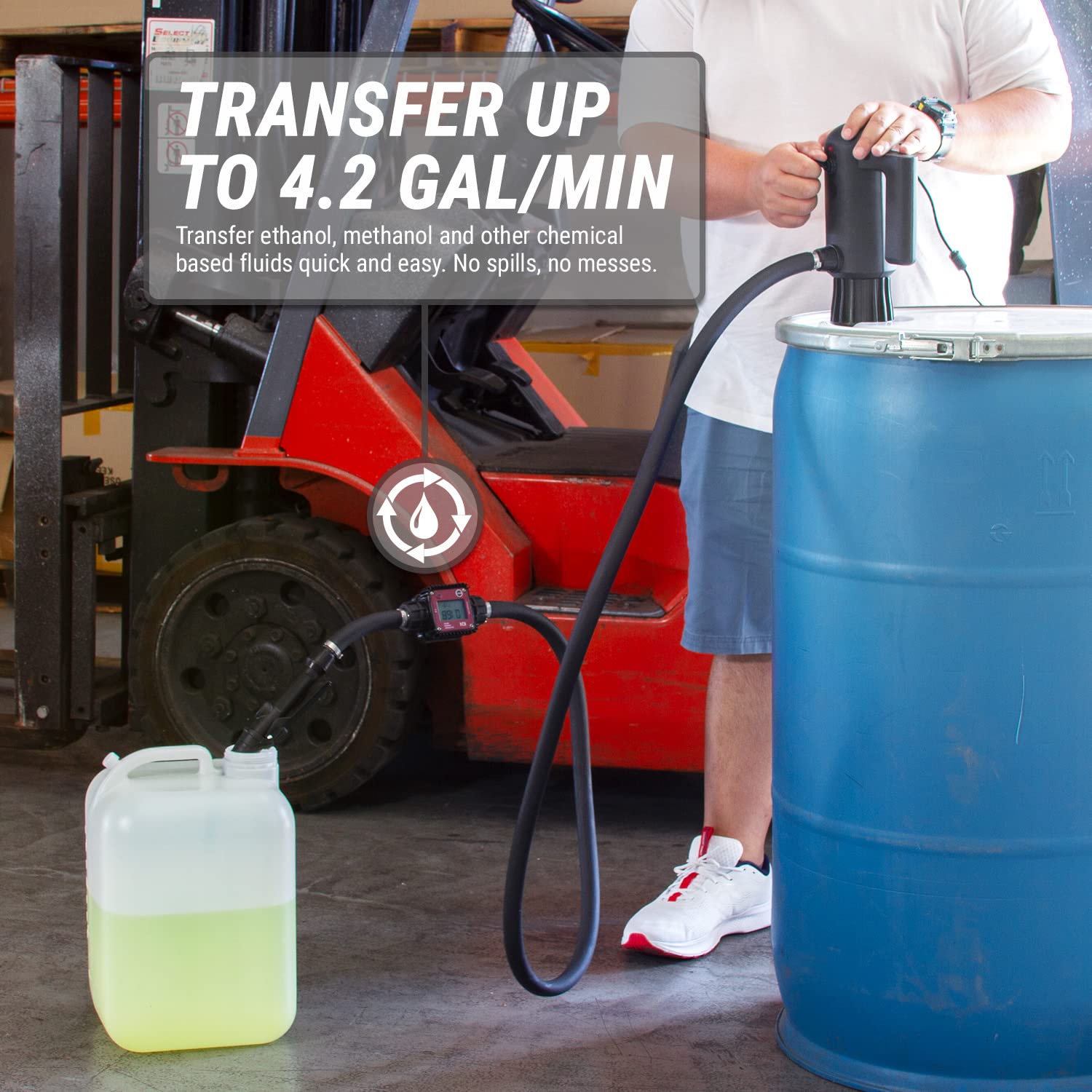 TERA PUMP TREDRUME-CH-M Telescopic Chemical Pump - Electric 55 Gal Drum Barrel Pump with Flow Meter/Ethanol/Methanol/DEF/Water (