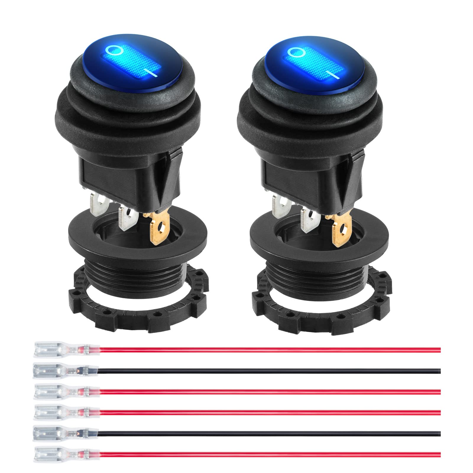 12 Volt Toggle Switch Waterproof 2 PCS, Blue LED Lighted Round Rocker Switch Panel with 6 Hot-Melt Terminals and 20cm Detachable