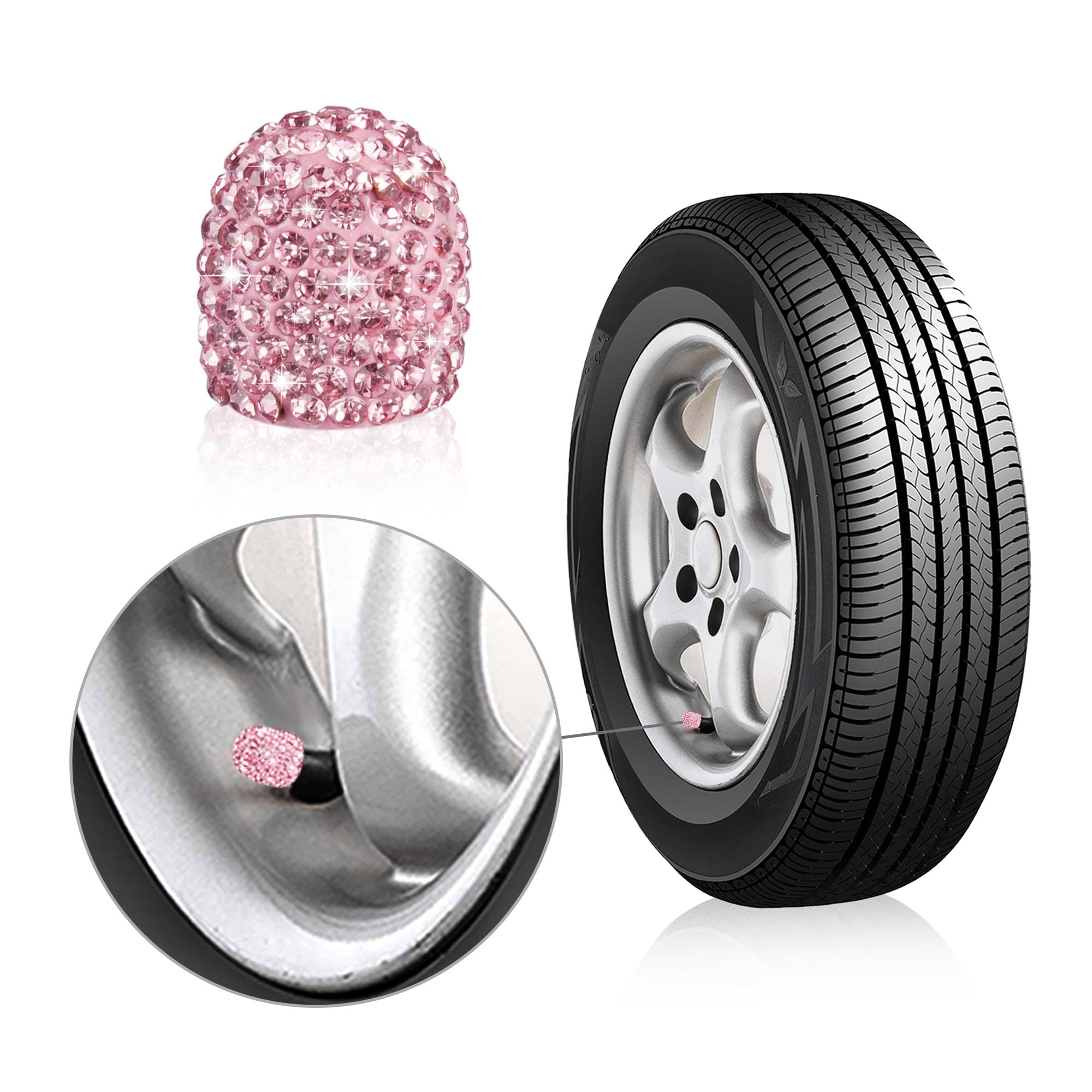 Winka Valve Stem Caps 4 Pack Handmade Rhinestone Universal Car Tire Valve Caps Dustproof And Waterproof Bling Car Accessories Pink