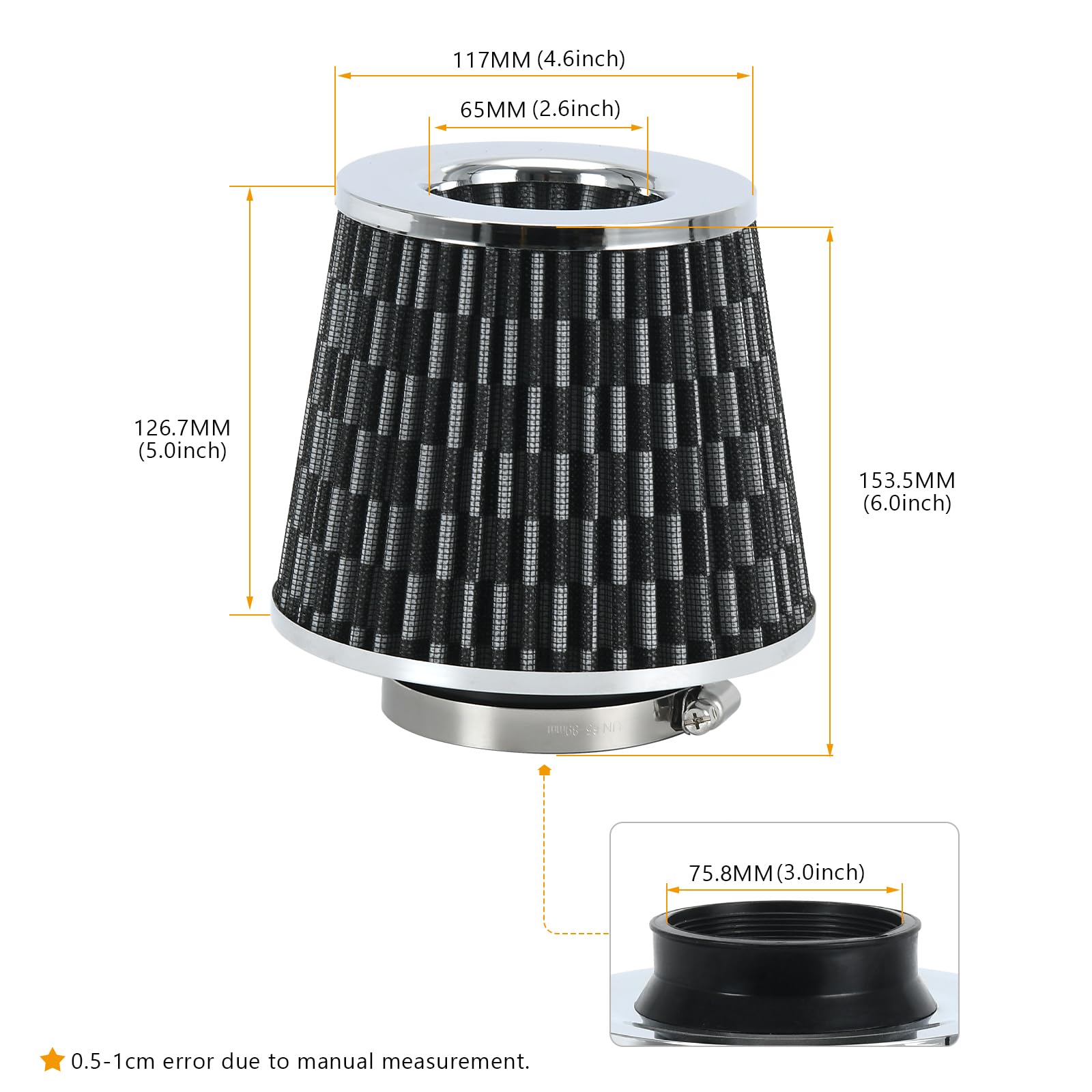 Ptnhz Universal Carbon Fiber 3'' 76Mm High Flow Cold Air Intake Cone Air Filter Power Intake Air Inlet System Air Cleaner