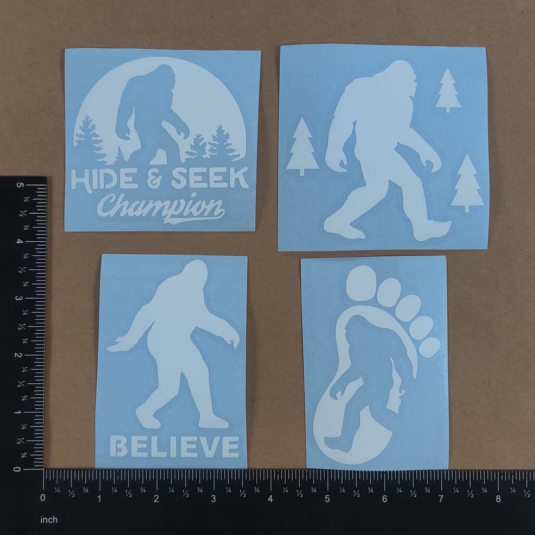 Sasquatch, Bigfoot, Hide And Seek Champion Decals (White, Small ~3.5'')