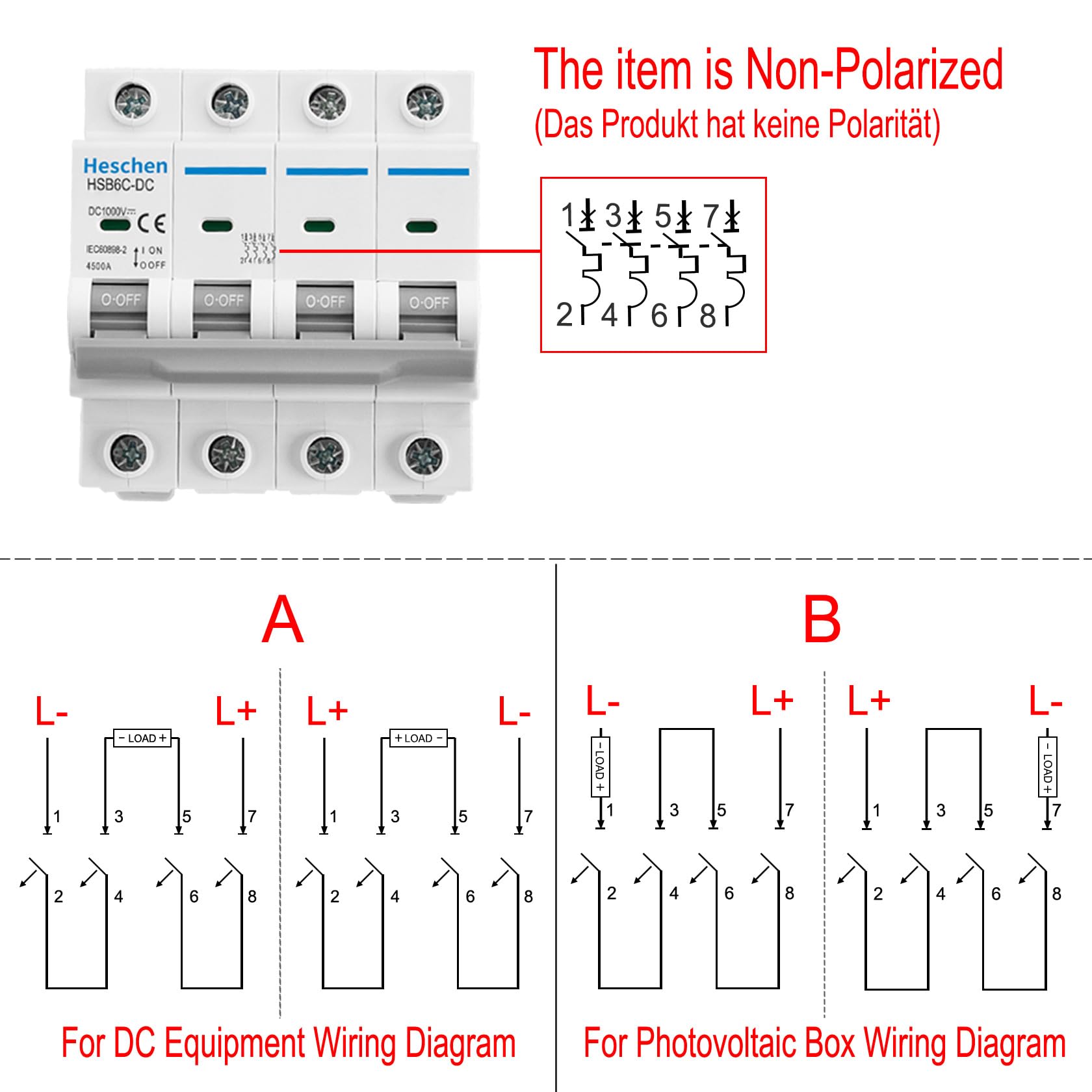 Heschen Dc Miniature Circuit Breaker, Hsb6C-Dc, 4 Poles, Dc1000V 40A, Photovoltaic Circuit Breaker, For Solar Pv System Solar Panels Grid System, 35Mm Din Rail Mounting