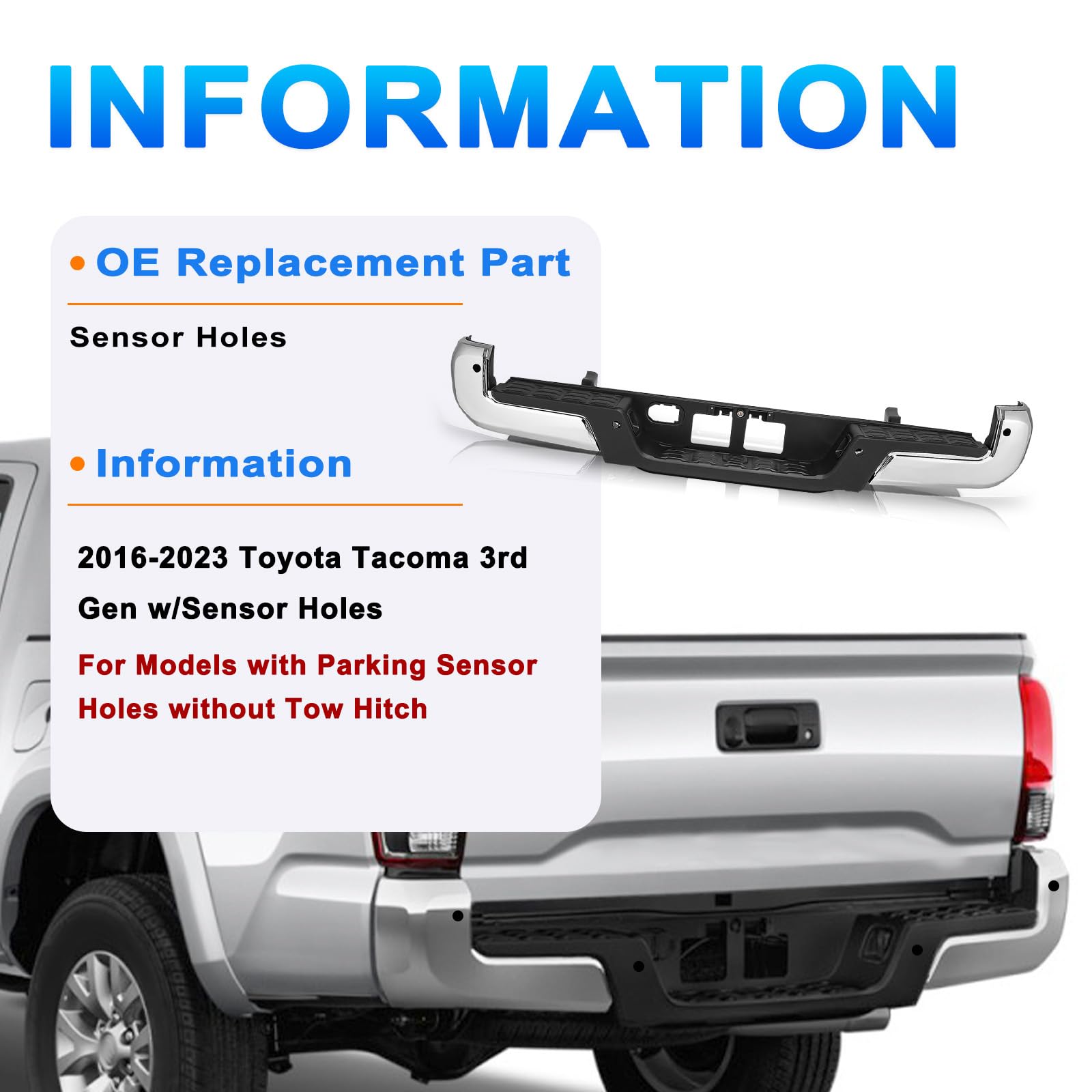 SOCKIR (w/Sensor Holes) Rear Bumper Assembly Fits for 2016-2023 Toyota Tacoma Back Step Bumper Chrome One-piece Molding Anti-Rus