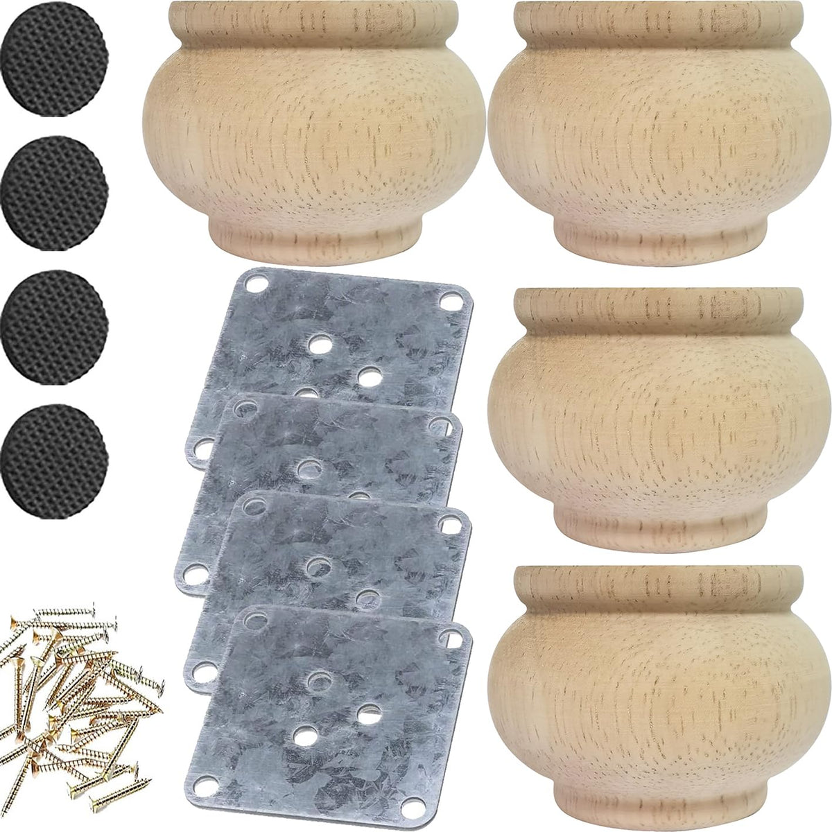 Btibpse 2 Inch Wooden Furniture Legs, Solid Wood Unpainted Replacement Furniture Legs, Cabinet Legs/Desk/Sofa/Bookcase Bun Feet, Diy Wooden Round Legs With Mounting Plate & Screws Set Of 4 (2 Inch)