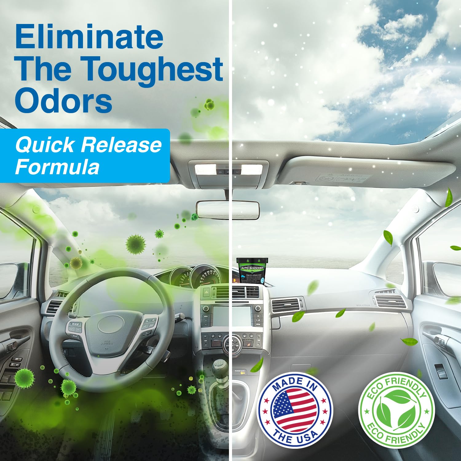 Biocide Systems Auto Shocker Strong Quick Release Car Odor Eliminator, Eco-Friendly Smell Remover for Tough Odors in Vehicle Int