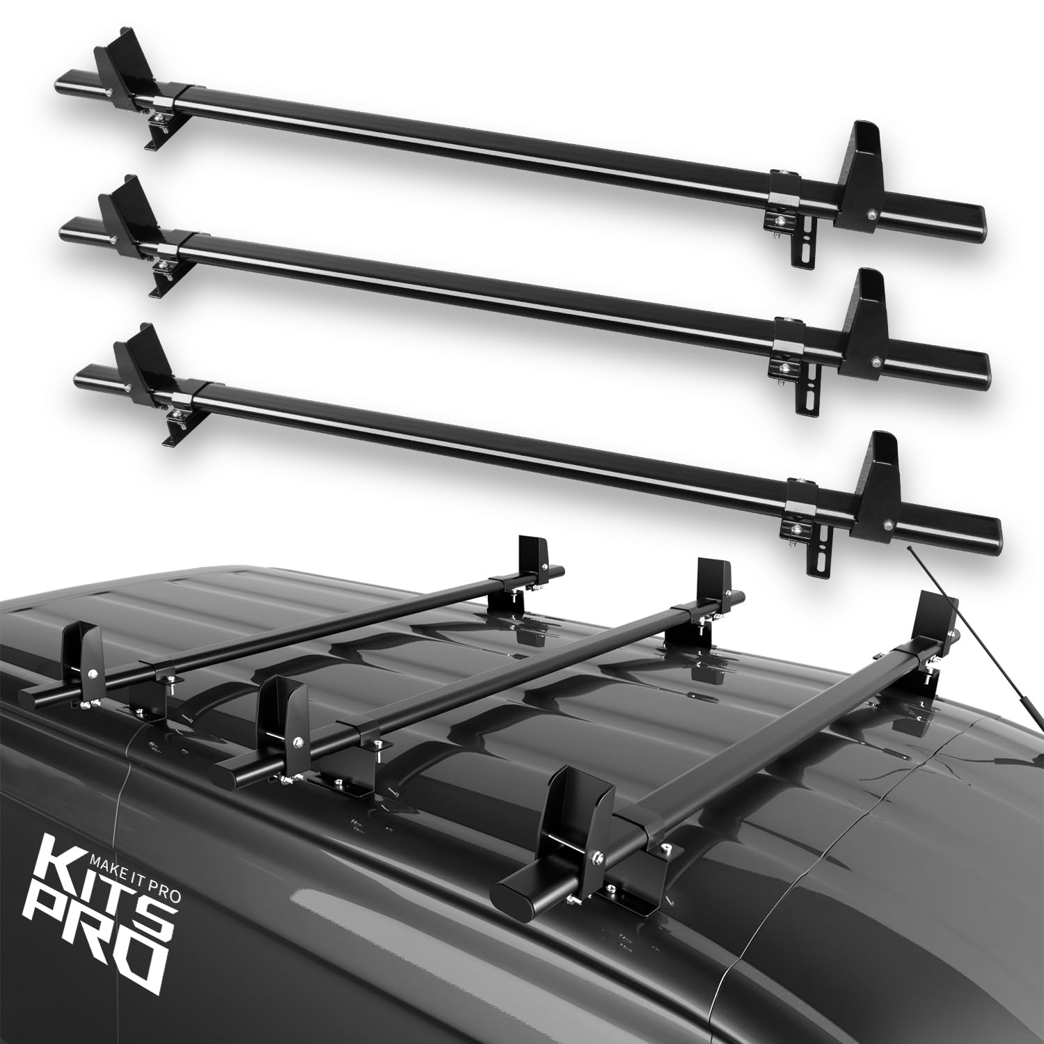 Kitspro 400Lb Roof Rack Cross Bars For 2015-2024 Ford Transit Cargo 150 250 350 Hd, Gloss Black Heavy Duty Stainless Steel Cargo Crossbar, Pack Of 3