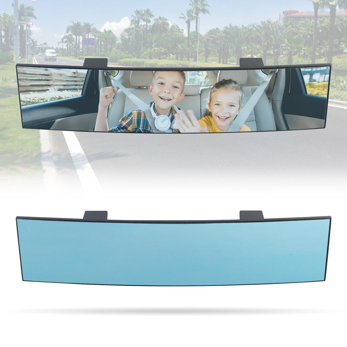 LoyaGour Rear View Mirror for Car,11.8'' Convex Panoramic Wide Angel View Mirrors Extender,Blue Tint Anti Glare,Universal Clip o