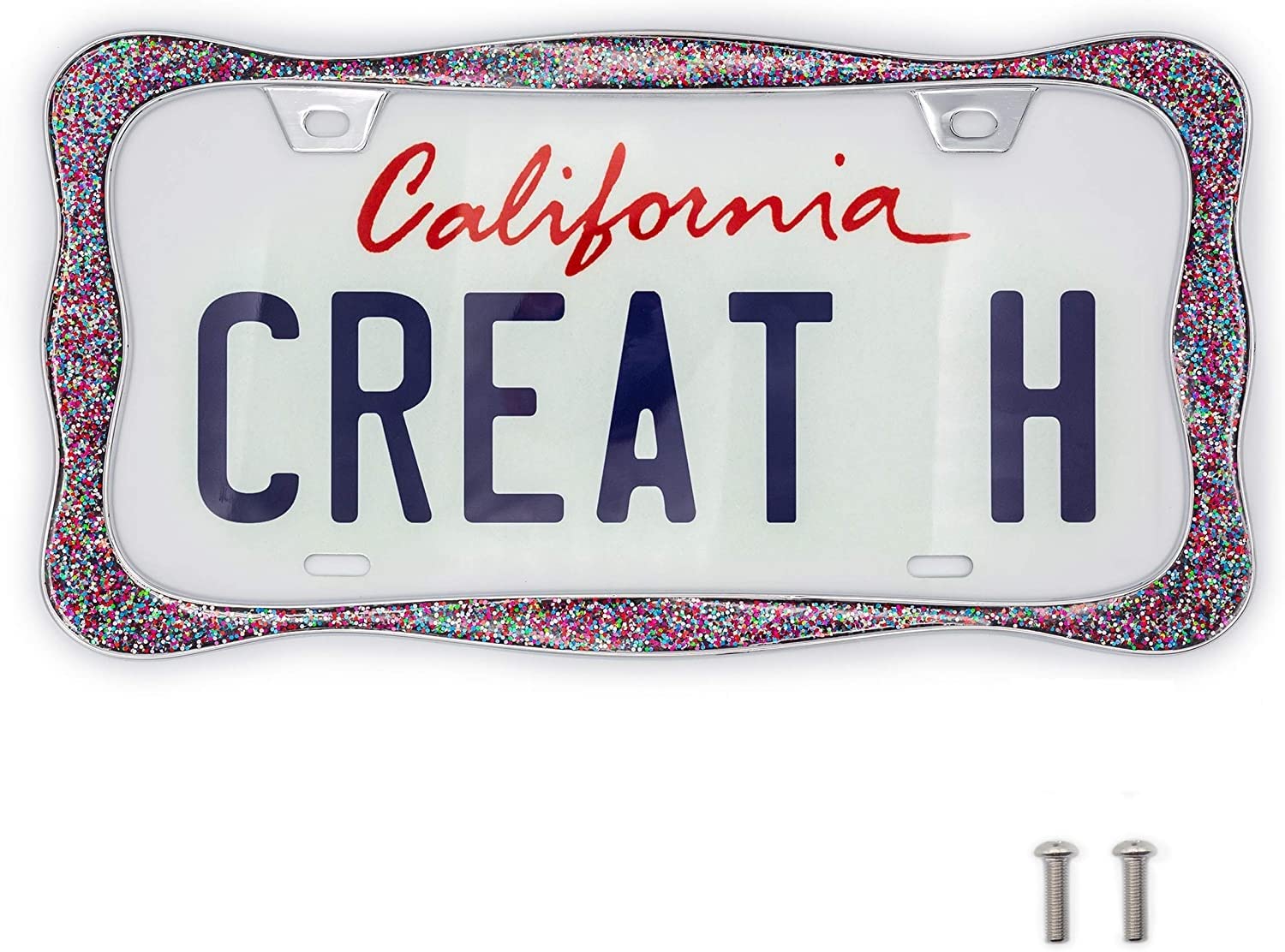 Creathome 3D Shining License Plate Frame, Chrome With Mix Shining Colorful Chunky Gliter, Pure Zinc Alloy Metal