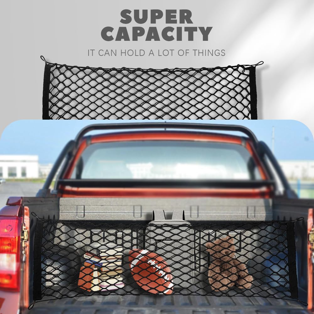 Lecctso Car Rear Cargo Net, Automotive Cargo Nets, Trunk Cargo Storage Net With Hooks, 35.4'X 15.75' Adjustable Elastic Storage Organizer Net, Car Accessories Trunk Organizer Universal Fit Suv, Car