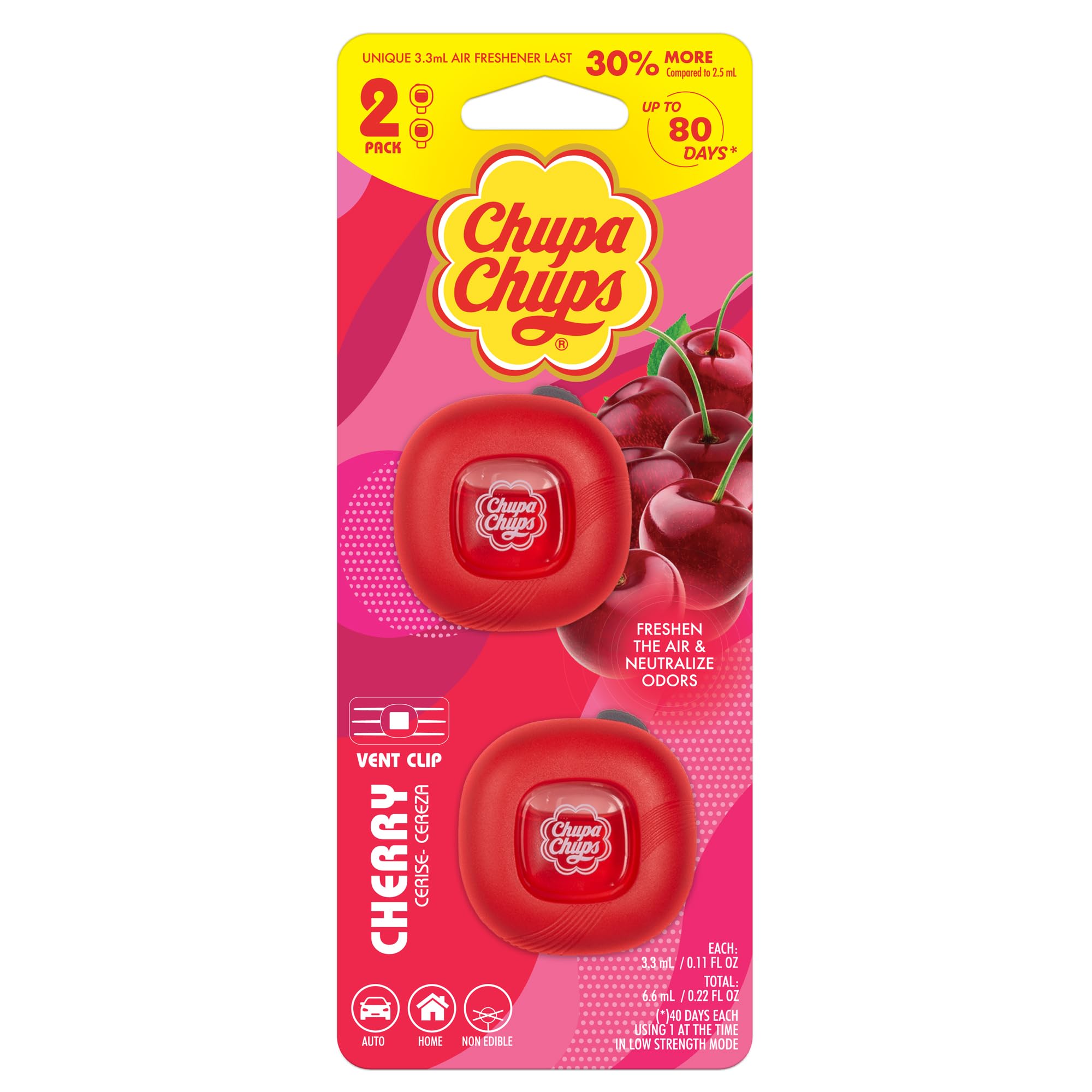 Chupa Chups Car Air Freshener, Candy Cherry - Long Lasting Car Fresheners with Fun Scents, Colorful and Vibrant Air Freshener fo